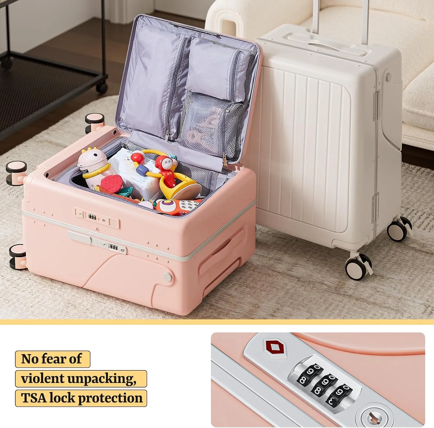 20" Hardshell Carry On Suitcase with Seat for Kids & Adults,Ride on Luggage with Front Pocket & 4 Lockable Spinner Wheels,TSA Lock,USB Port,Luggage Cover,Safty Seatbelt for Travel(Pink, 20 Inch)