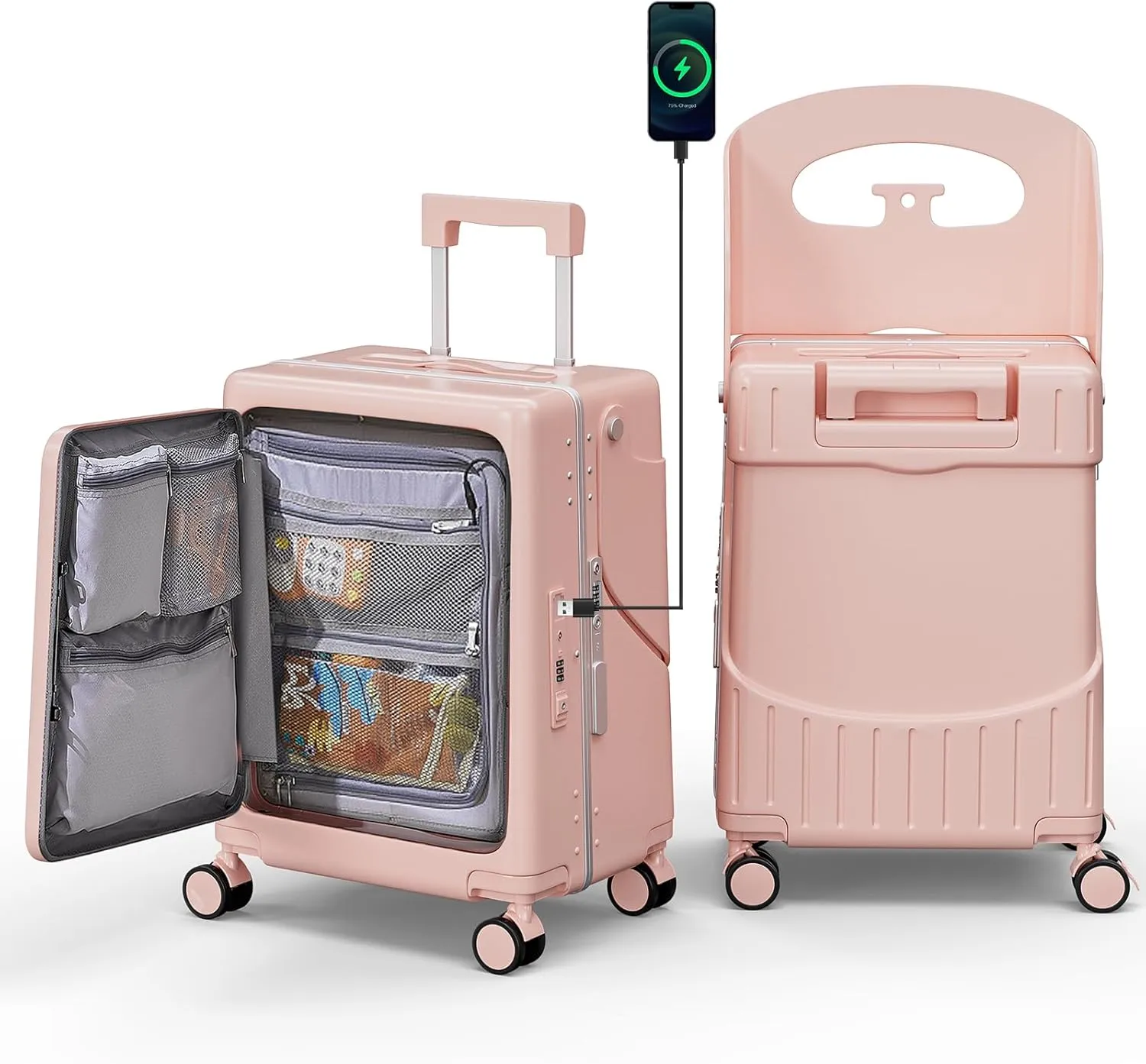 20" Hardshell Carry On Suitcase with Seat for Kids & Adults,Ride on Luggage with Front Pocket & 4 Lockable Spinner Wheels,TSA Lock,USB Port,Luggage Cover,Safty Seatbelt for Travel(Pink, 20 Inch)