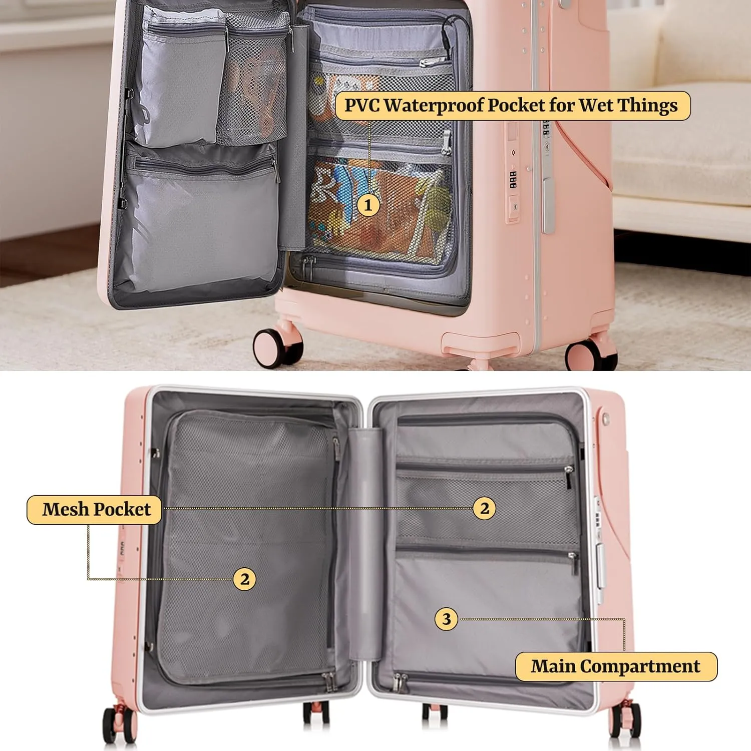 20" Hardshell Carry On Suitcase with Seat for Kids & Adults,Ride on Luggage with Front Pocket & 4 Lockable Spinner Wheels,TSA Lock,USB Port,Luggage Cover,Safty Seatbelt for Travel(Pink, 20 Inch)