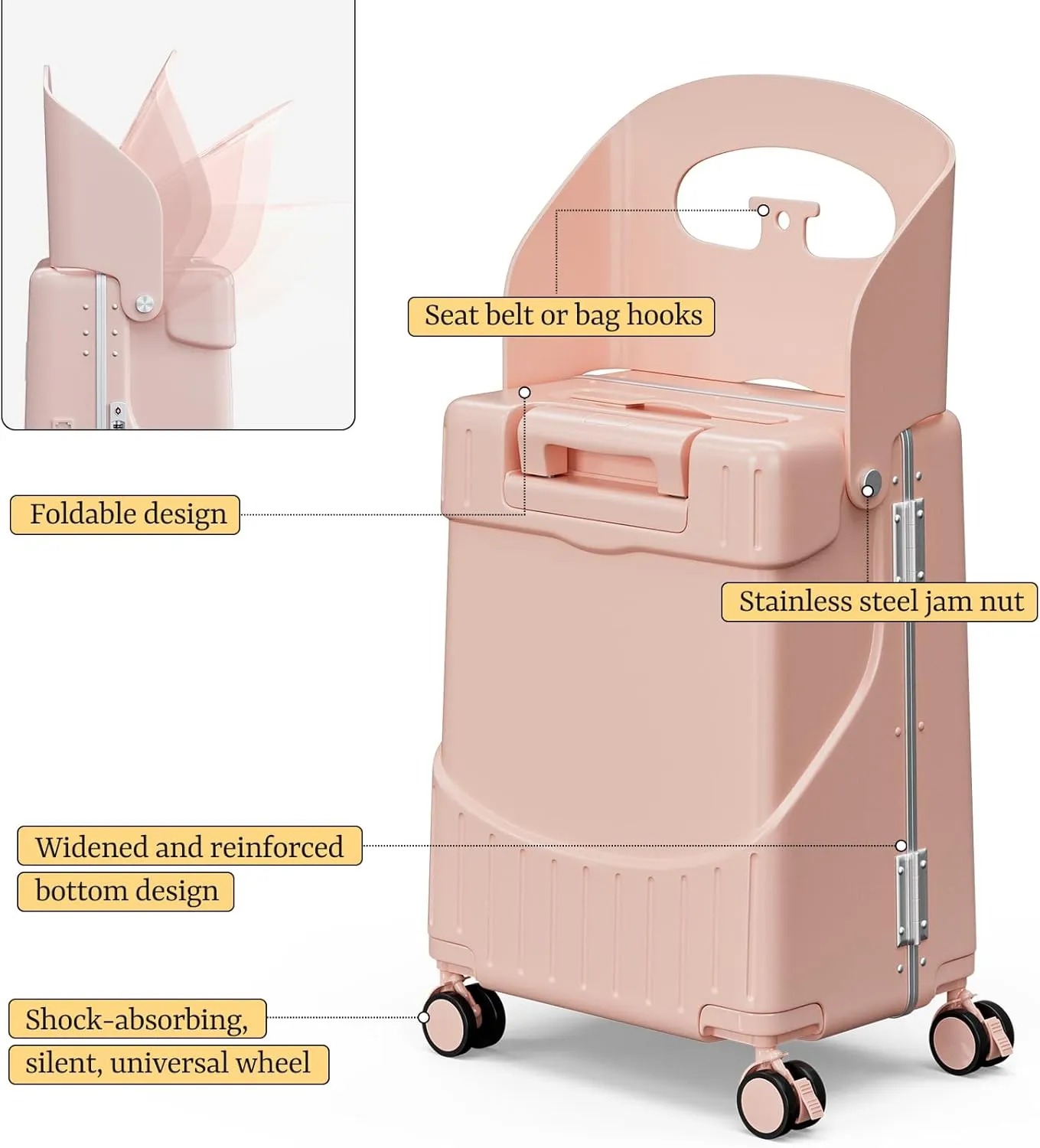 20" Hardshell Carry On Suitcase with Seat for Kids & Adults,Ride on Luggage with Front Pocket & 4 Lockable Spinner Wheels,TSA Lock,USB Port,Luggage Cover,Safty Seatbelt for Travel(Pink, 20 Inch)