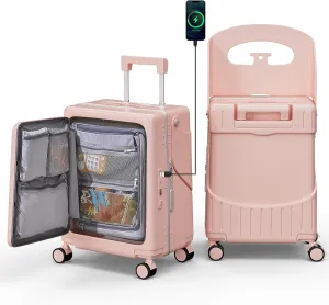 20" Hardshell Carry On Suitcase with Seat for Kids & Adults,Ride on Luggage with Front Pocket & 4 Lockable Spinner Wheels,TSA Lock,USB Port,Luggage Cover,Safty Seatbelt for Travel(Pink, 20 Inch)