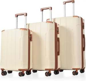 3-Piece Expandable Hard Shell Luggage Set, Includes 20/24/28 Inch Suitcases, Lightweight with Double Spinner Wheels, White and Brown