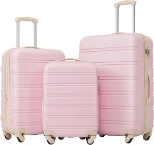 3 Piece Luggage Set Hardside Spinner with 20" 24" 28" Sizes, Lightweight ABS Material, Expandable, Light Pink