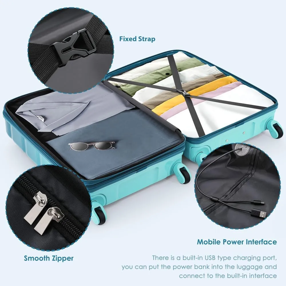 3-Piece Luggage Set with USB Port, 20in Carry On Suitcase Airline Approved, ABS PC Hardshell Spinner Luggage, Lightweight & Scratch-Resistant, Gradient Blue (Blue   ABS PC-1)