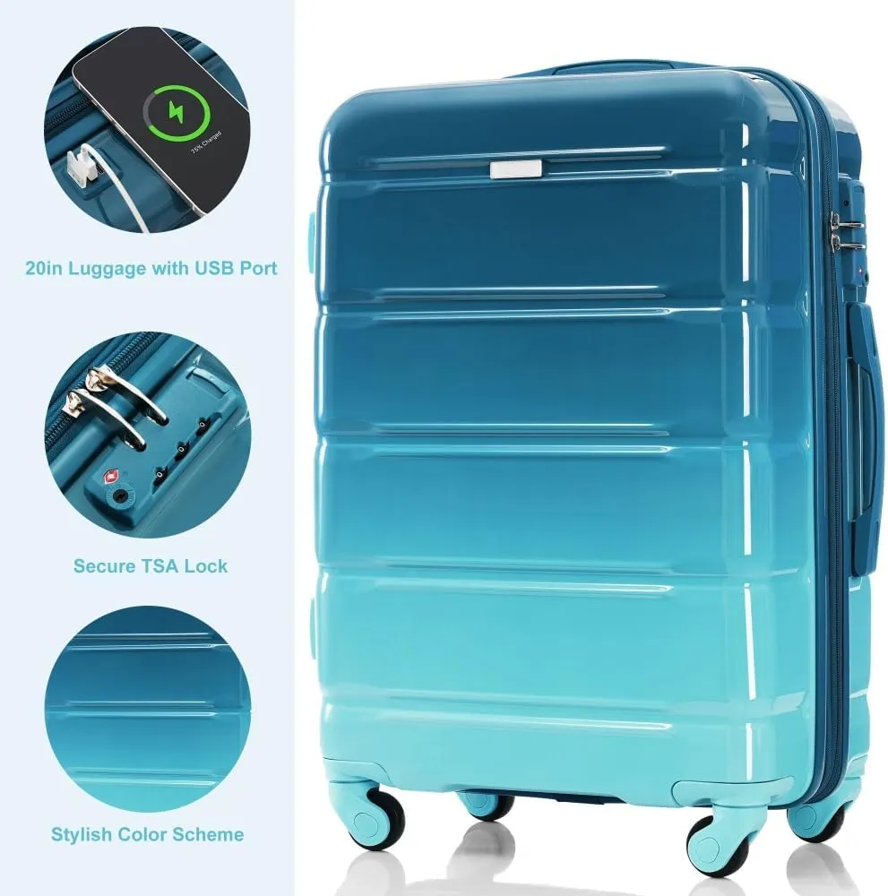 3-Piece Luggage Set with USB Port, 20in Carry On Suitcase Airline Approved, ABS PC Hardshell Spinner Luggage, Lightweight & Scratch-Resistant, Gradient Blue (Blue   ABS PC-1)