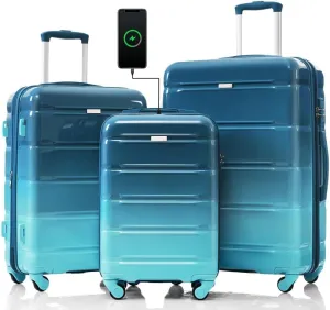 3-Piece Luggage Set with USB Port, 20in Carry On Suitcase Airline Approved, ABS PC Hardshell Spinner Luggage, Lightweight & Scratch-Resistant, Gradient Blue (Blue   ABS PC-1)