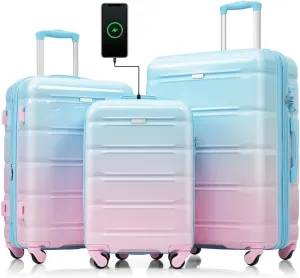 3-Piece Luggage Set with USB Port, 20in Carry On Suitcase Airline Approved, ABS PC Hardshell Spinner Luggage, Lightweight & Scratch-Resistant, Gradient Blue (Blue Pink   ABS PC)