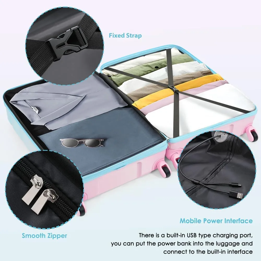 3-Piece Luggage Set with USB Port, 20in Carry On Suitcase Airline Approved, ABS PC Hardshell Spinner Luggage, Lightweight & Scratch-Resistant, Gradient Blue (Blue Pink   ABS PC)
