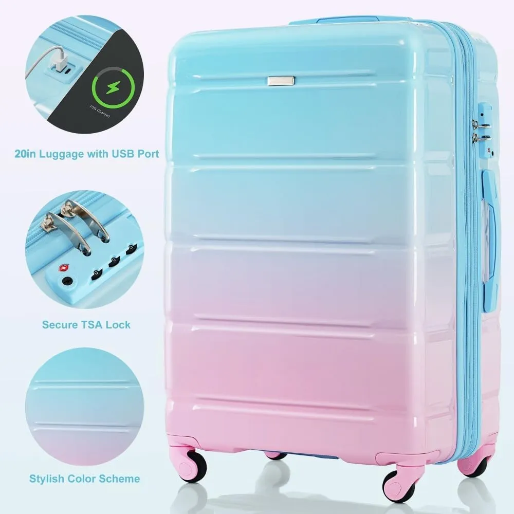 3-Piece Luggage Set with USB Port, 20in Carry On Suitcase Airline Approved, ABS PC Hardshell Spinner Luggage, Lightweight & Scratch-Resistant, Gradient Blue (Blue Pink   ABS PC)
