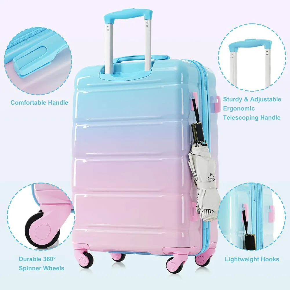 3-Piece Luggage Set with USB Port, 20in Carry On Suitcase Airline Approved, ABS PC Hardshell Spinner Luggage, Lightweight & Scratch-Resistant, Gradient Blue (Blue Pink   ABS PC)