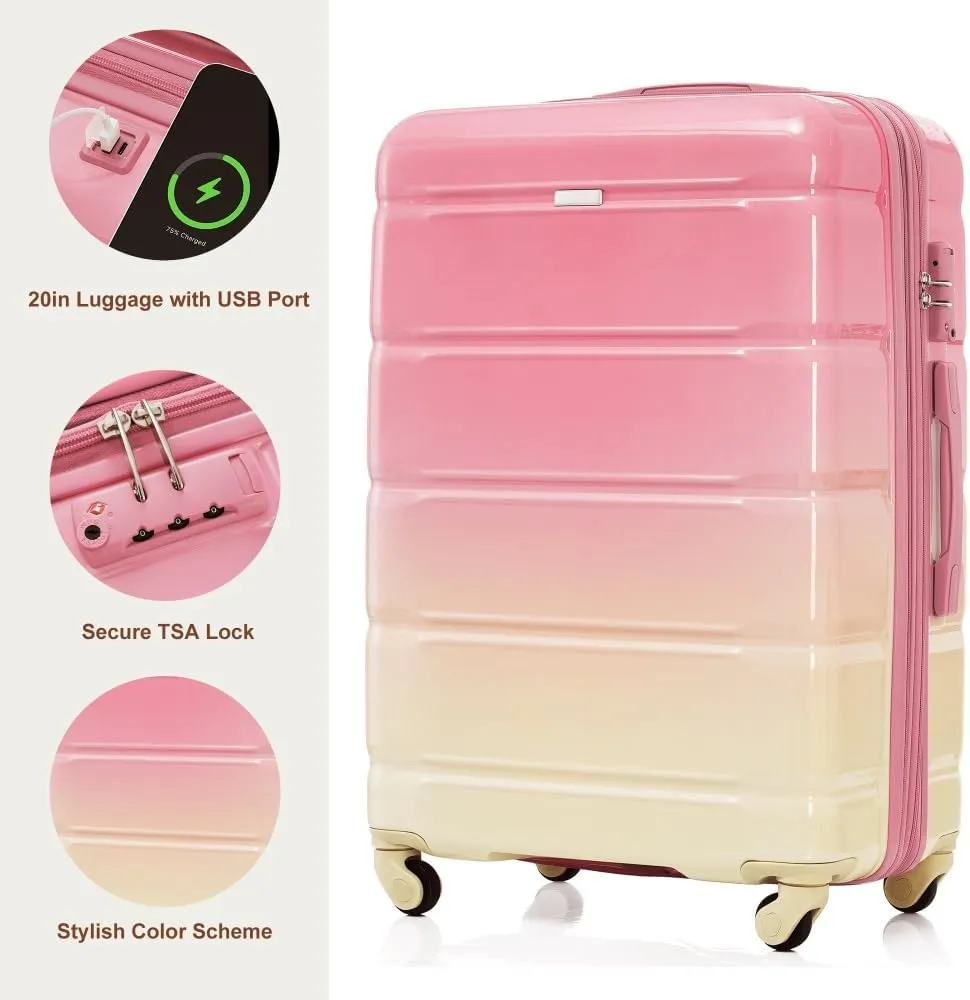 3-Piece Luggage Set with USB Port, 20in Carry On Suitcase Airline Approved, ABS PC Hardshell Spinner Luggage, Lightweight & Scratch-Resistant, Gradient Blue (Pink   ABS PC)