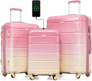 3-Piece Luggage Set with USB Port, 20in Carry On Suitcase Airline Approved, ABS PC Hardshell Spinner Luggage, Lightweight & Scratch-Resistant, Gradient Blue (Pink   ABS PC)