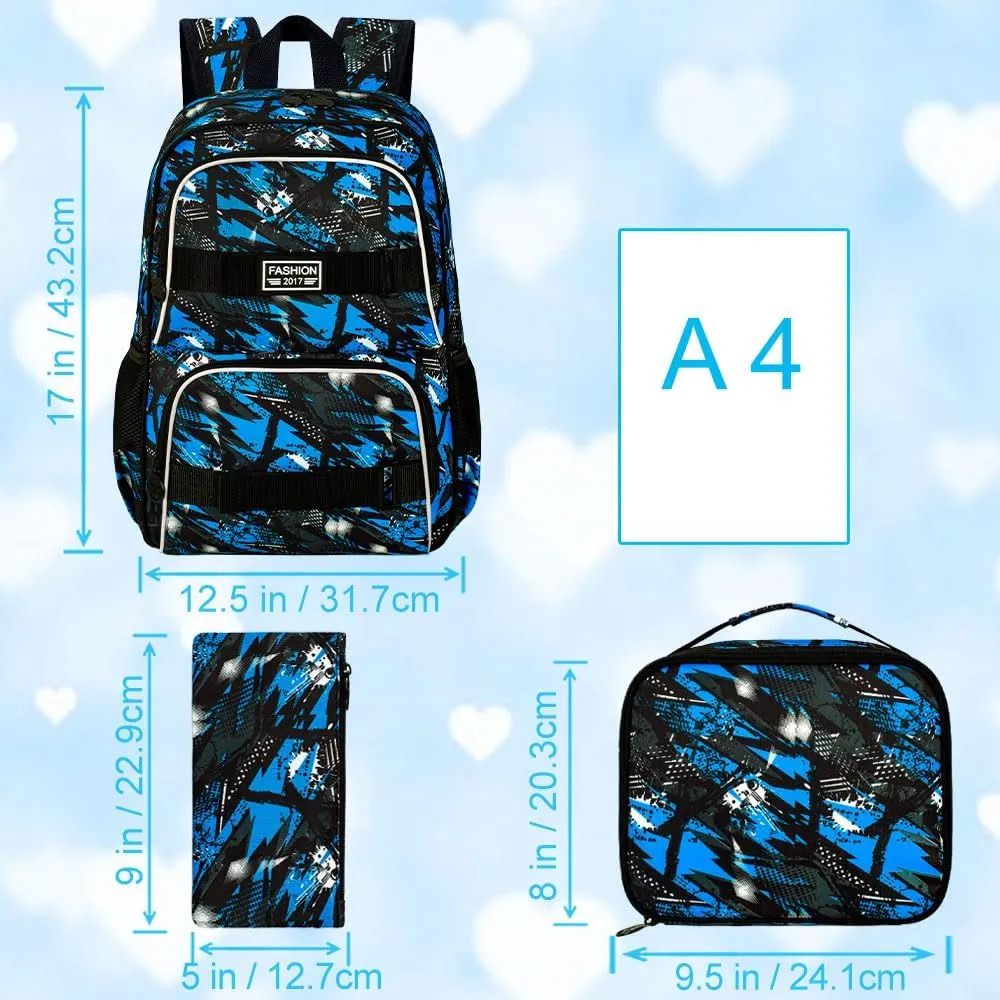 3Pcs Backpack for Girls Boys, 17 Inches Women Men School Bookbag Set for Teens College, Laptop Backpacks with Lunch Box