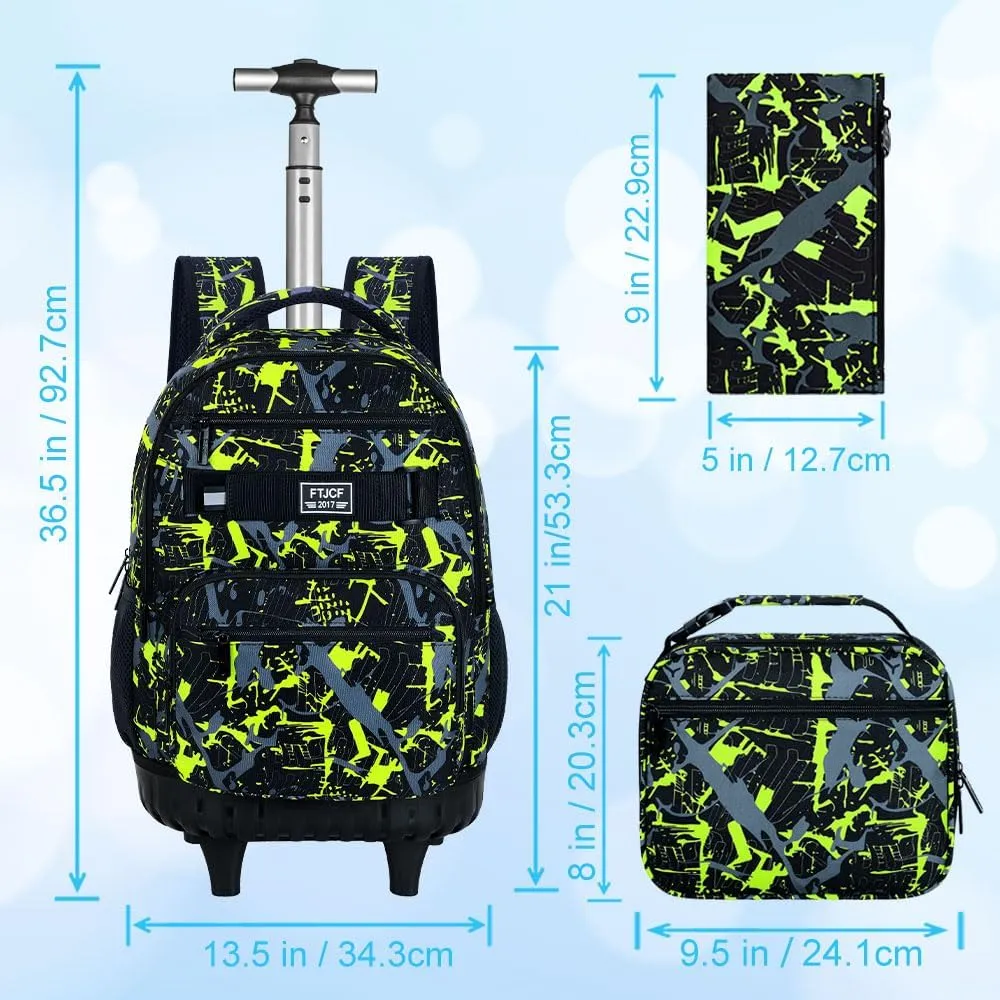 3Pcs Rolling Backpack for Boys, Men Roller Bag with Wheels for Adults, 19 Inche Graffiti Wheeled Bookbag with Lunch Box(Green)