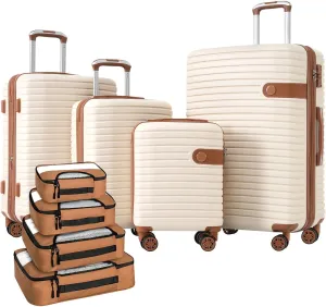 4 Piece Luggage Set, Lightweight Expandable Hard Shell Suitcases with Spinner Wheels and Packing Cubes, Cream