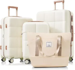 4-Piece Luggage Set with USB Port, Expandable ABS Suitcase, Durable Hard Shell, 20-Inch Carry-On with Cup Holder, Beige
