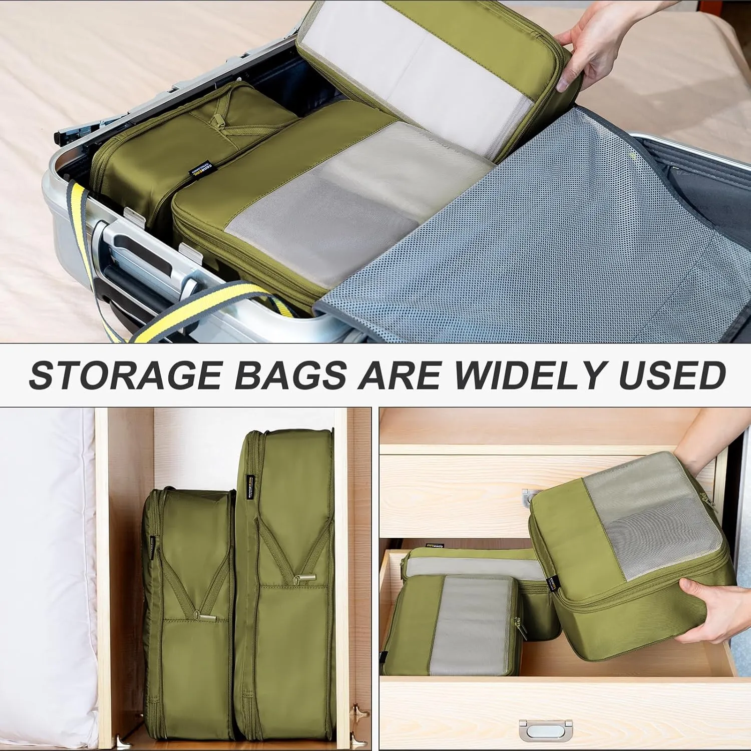 4 Set Compression Packing Cubes for Suitcases and Backpack, Space Saving Organizers, Luggage Bag for Travel Essentials (Army Green)