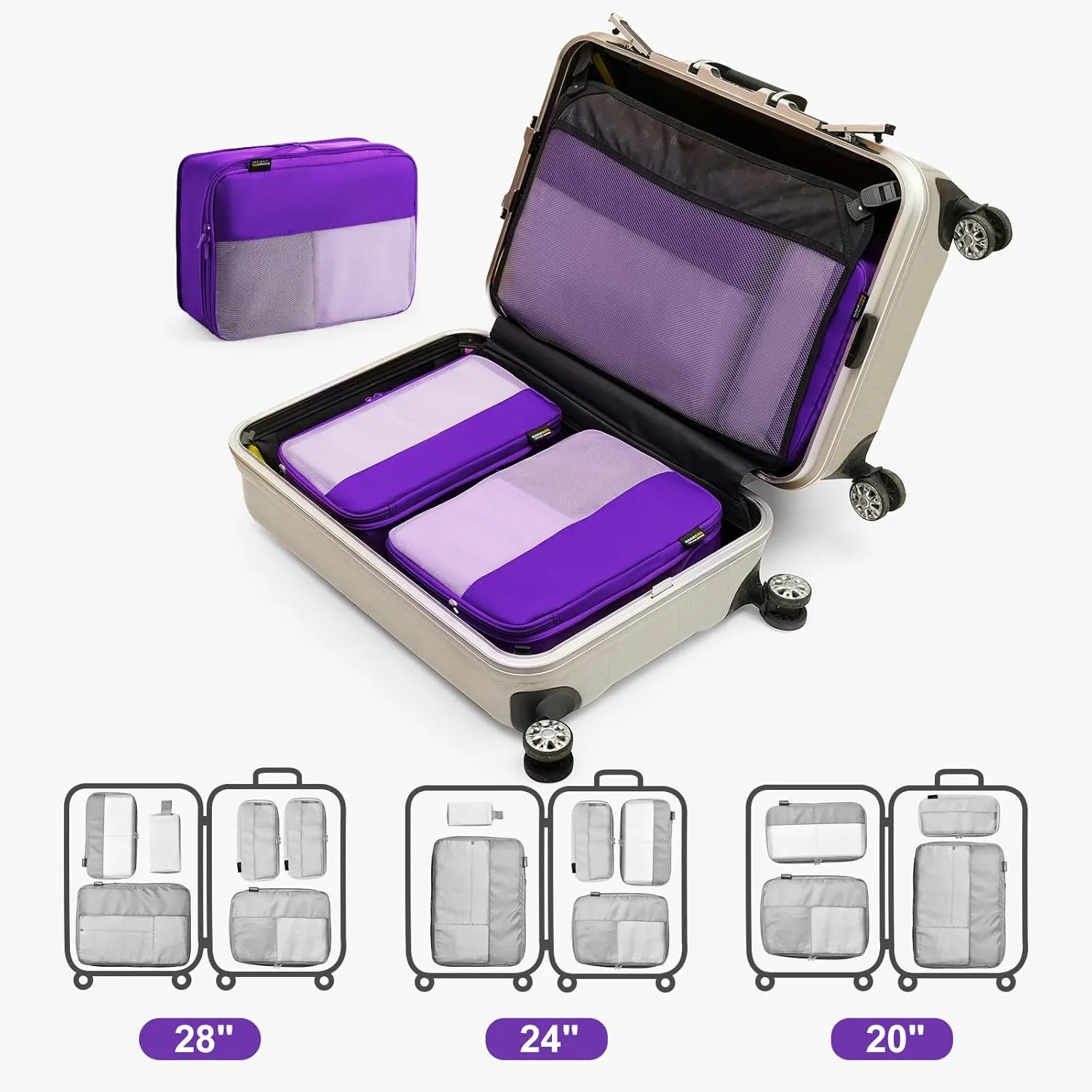 4 Set Compression Packing Cubes for Suitcases and Backpack, Space Saving Organizers, Luggage Bag for Travel Essentials (Bright Purple)