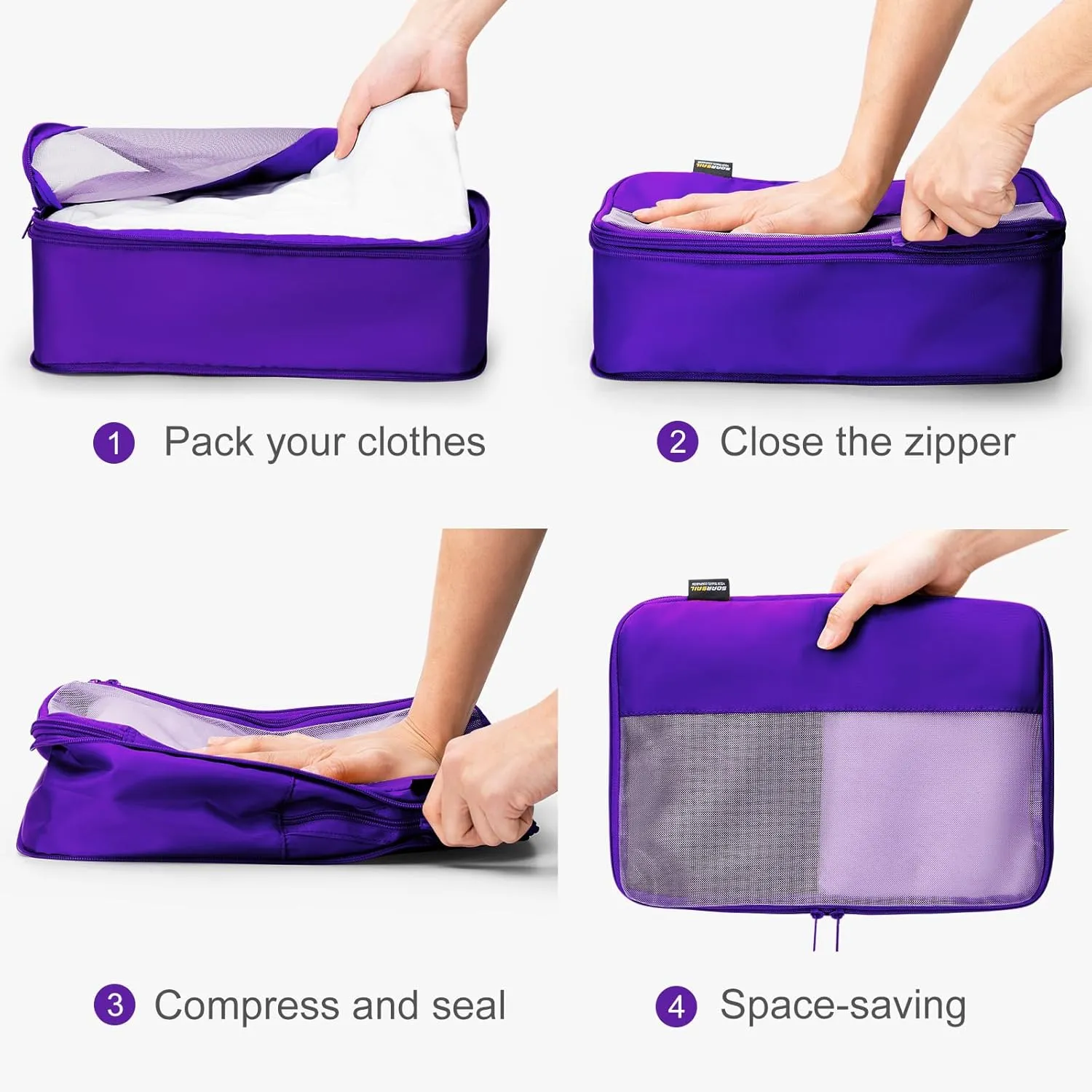 4 Set Compression Packing Cubes for Suitcases and Backpack, Space Saving Organizers, Luggage Bag for Travel Essentials (Bright Purple)