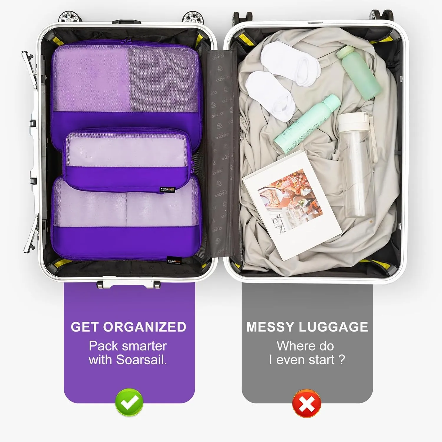 4 Set Compression Packing Cubes for Suitcases and Backpack, Space Saving Organizers, Luggage Bag for Travel Essentials (Bright Purple)