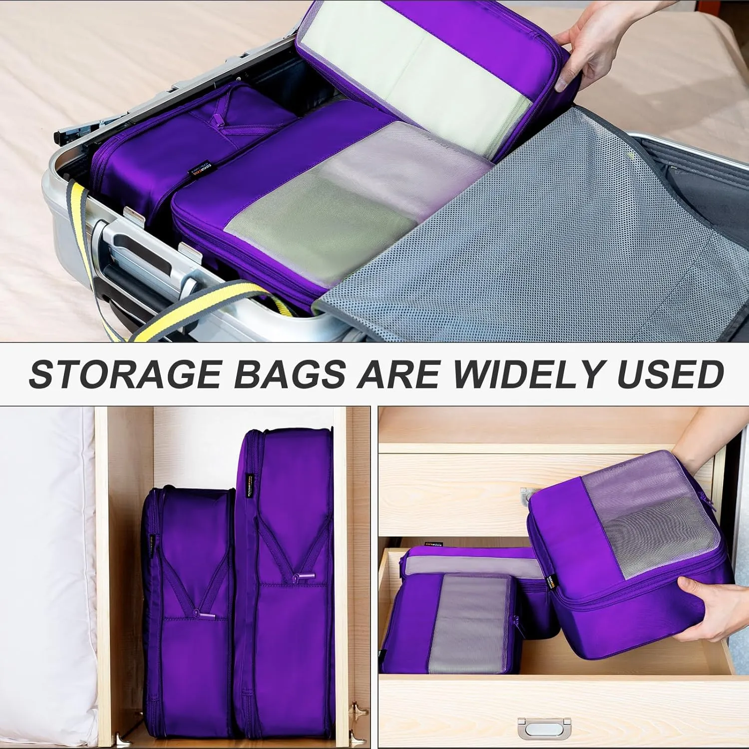 4 Set Compression Packing Cubes for Suitcases and Backpack, Space Saving Organizers, Luggage Bag for Travel Essentials (Bright Purple)