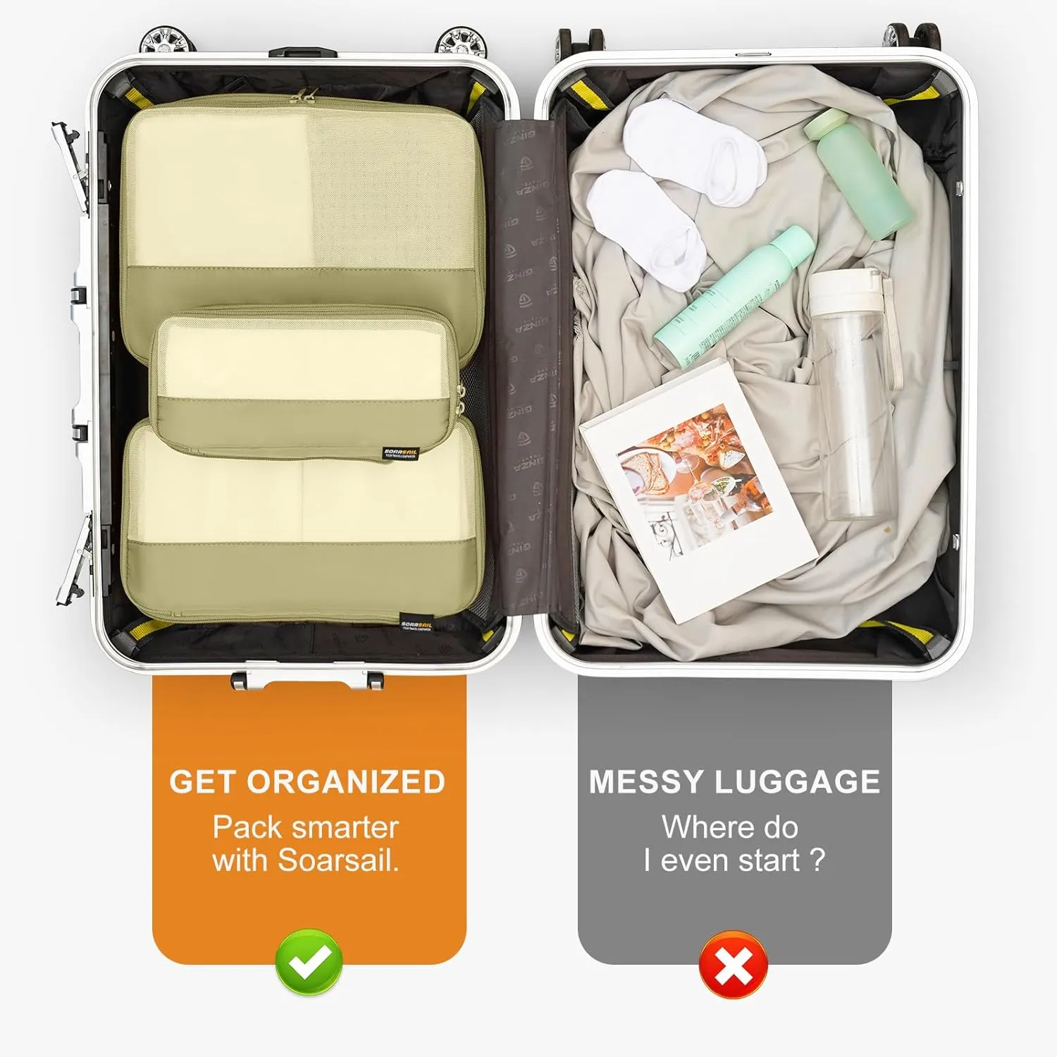 4 Set Compression Packing Cubes for Suitcases and Backpack, Space Saving Organizers, Luggage Bag for Travel Essentials (Bright Yellow)