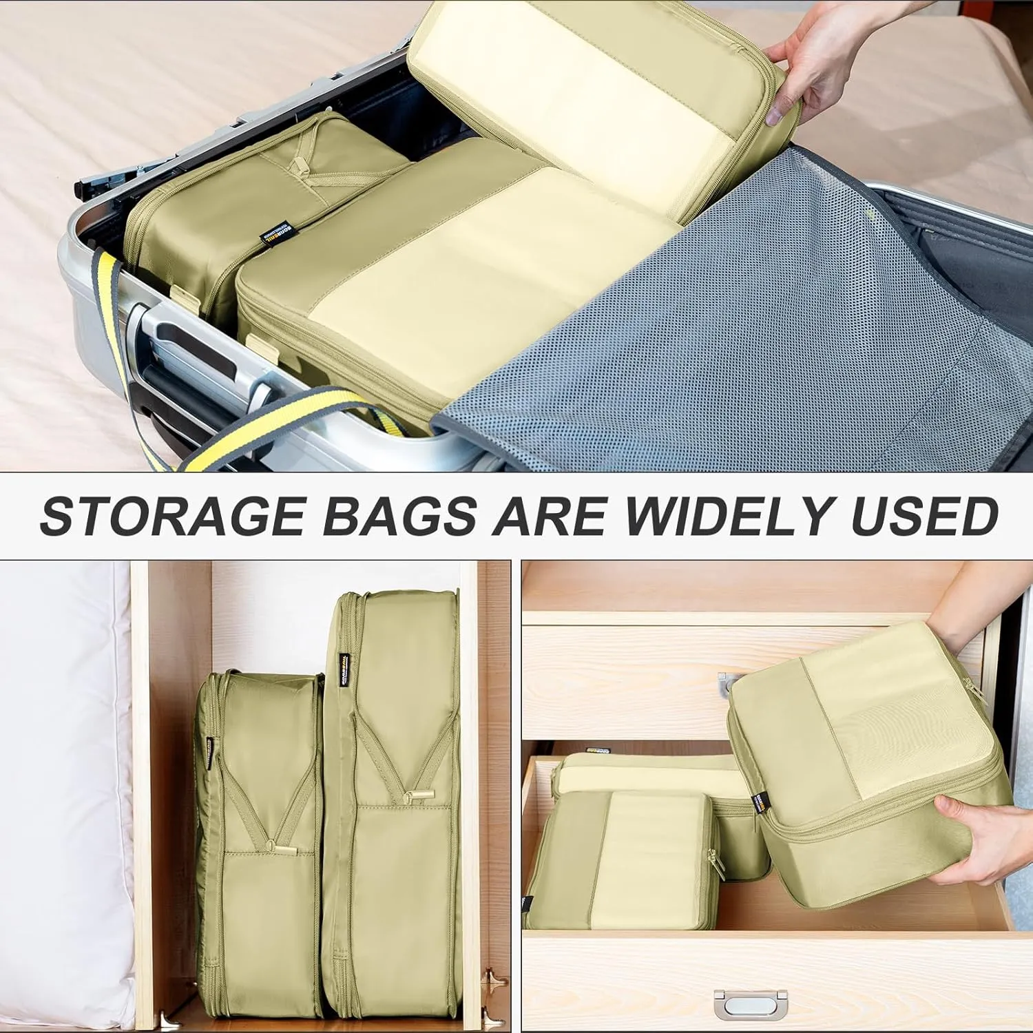 4 Set Compression Packing Cubes for Suitcases and Backpack, Space Saving Organizers, Luggage Bag for Travel Essentials (Bright Yellow)