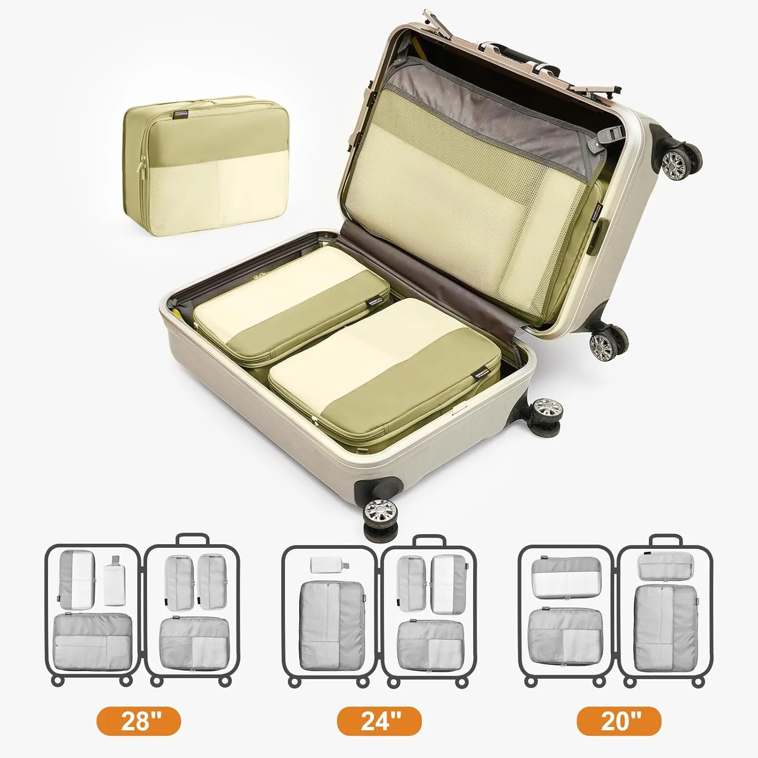 4 Set Compression Packing Cubes for Suitcases and Backpack, Space Saving Organizers, Luggage Bag for Travel Essentials (Bright Yellow)