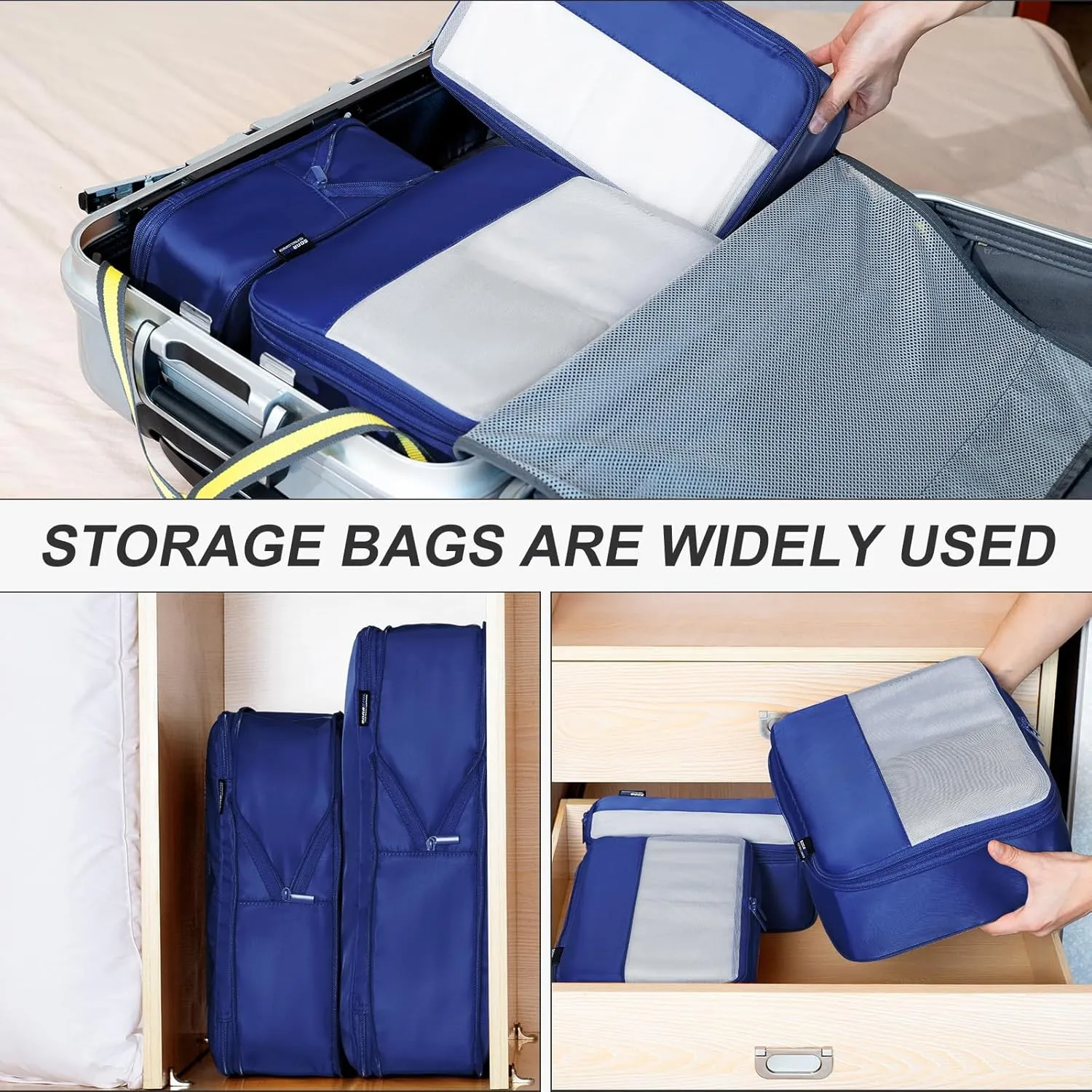 4 Set Compression Packing Cubes for Suitcases and Backpack, Space Saving Organizers, Luggage Bag for Travel Essentials (Dark Blue)