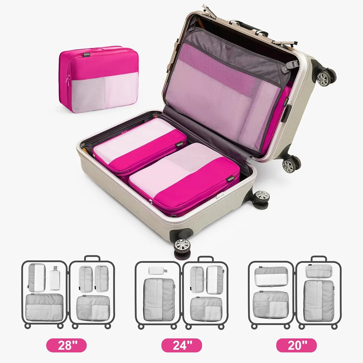 4 Set Compression Packing Cubes for Suitcases and Backpack, Space Saving Organizers, Luggage Bag for Travel Essentials (Rose Red)