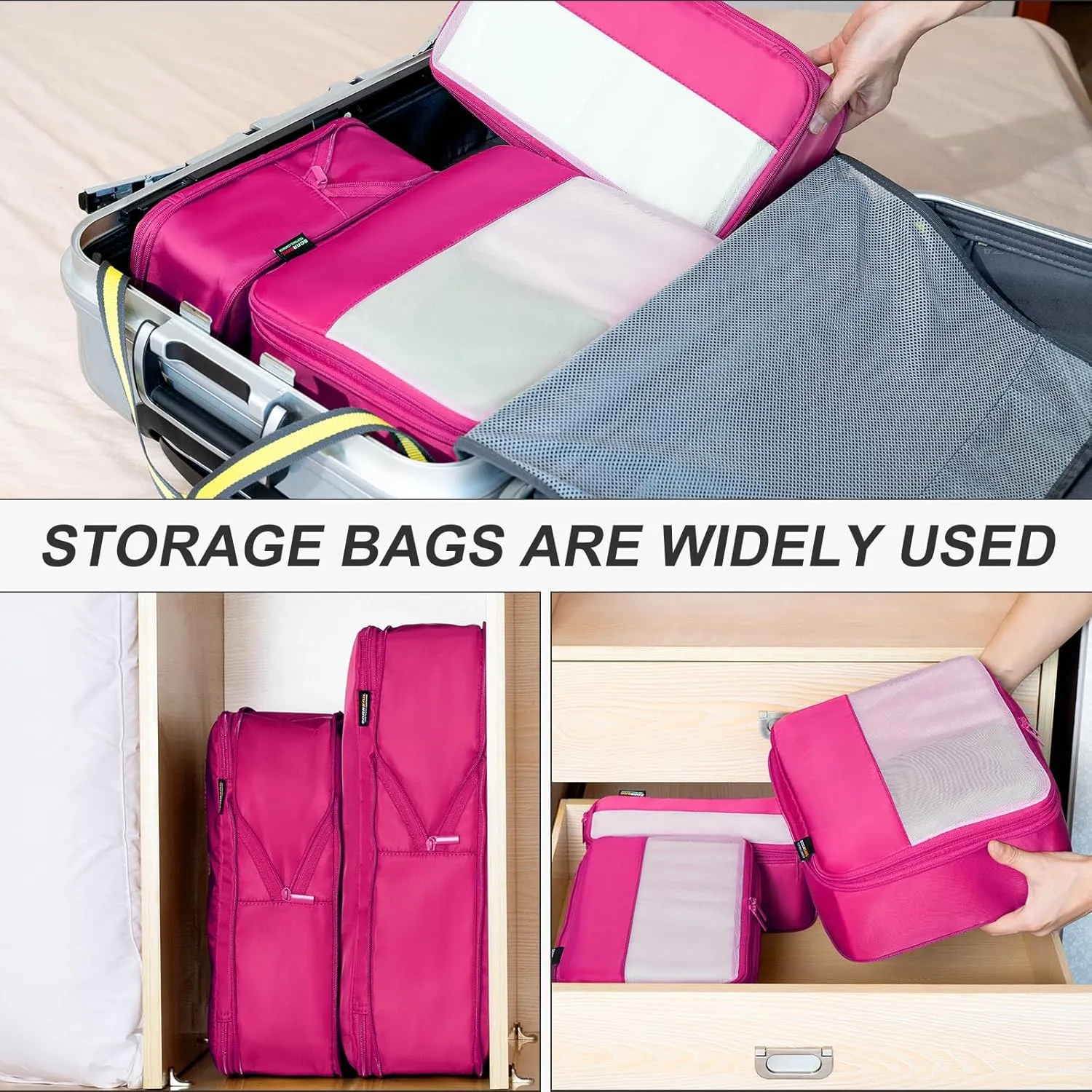 4 Set Compression Packing Cubes for Suitcases and Backpack, Space Saving Organizers, Luggage Bag for Travel Essentials (Rose Red)