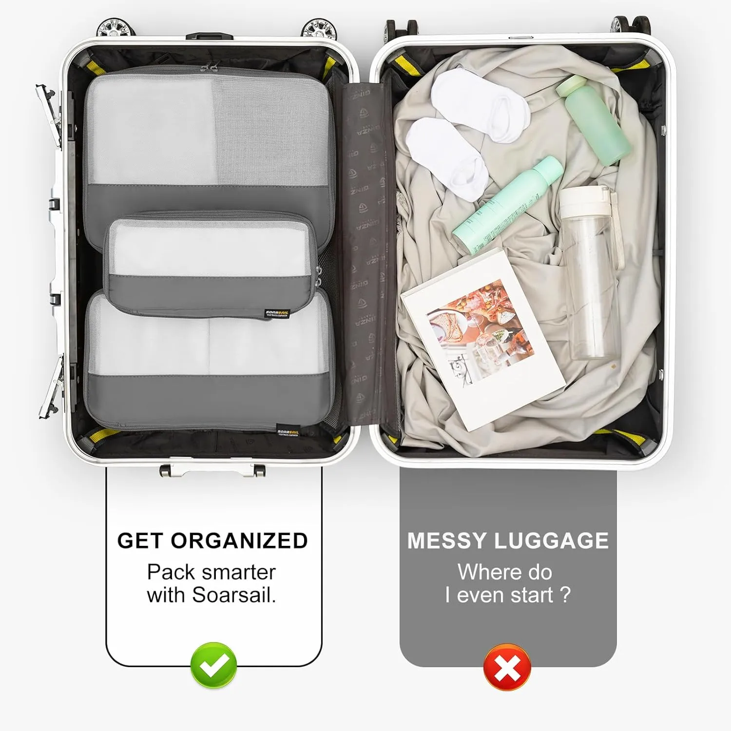 4 Set Compression Packing Cubes for Suitcases and Backpack, Space Saving Organizers, Luggage Bag for Travel Essentials (Silver)