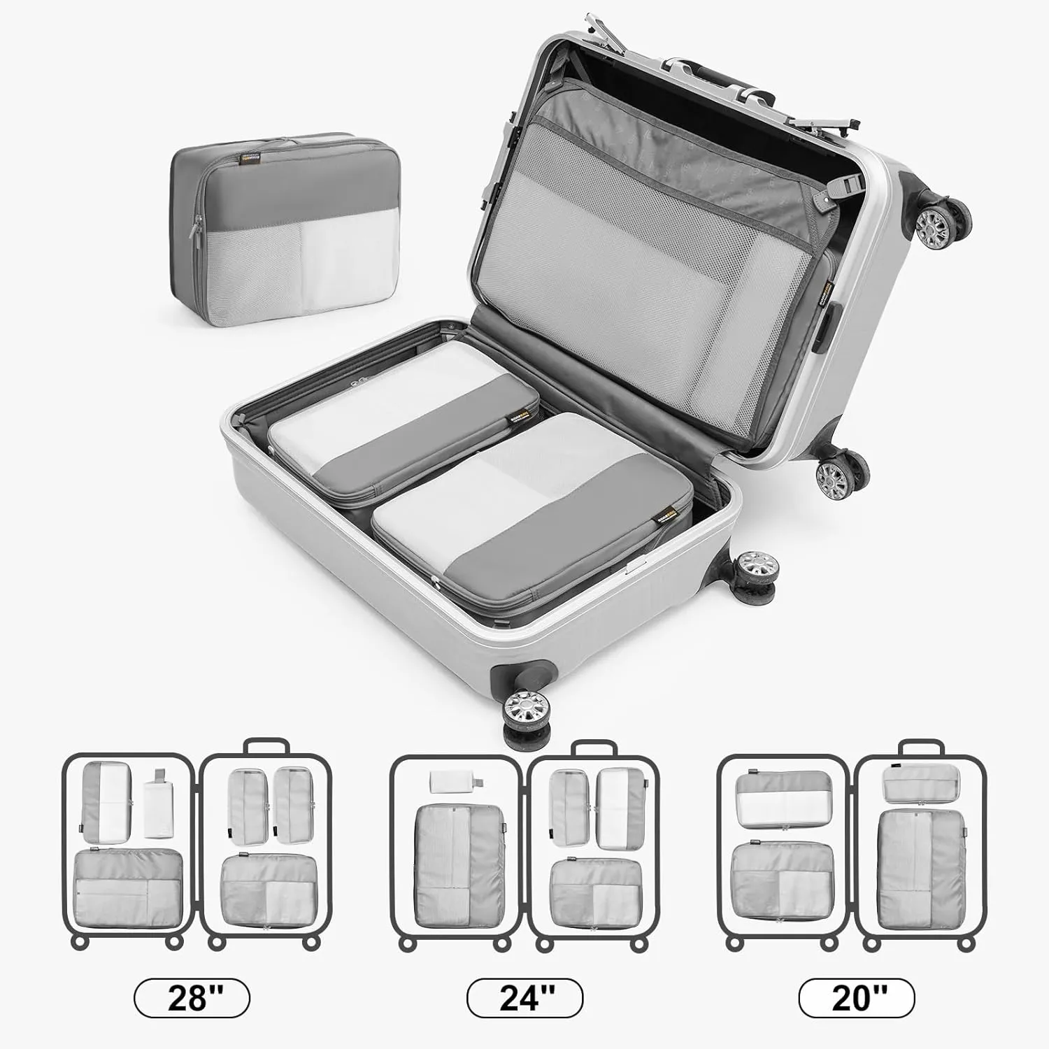 4 Set Compression Packing Cubes for Suitcases and Backpack, Space Saving Organizers, Luggage Bag for Travel Essentials (Silver)