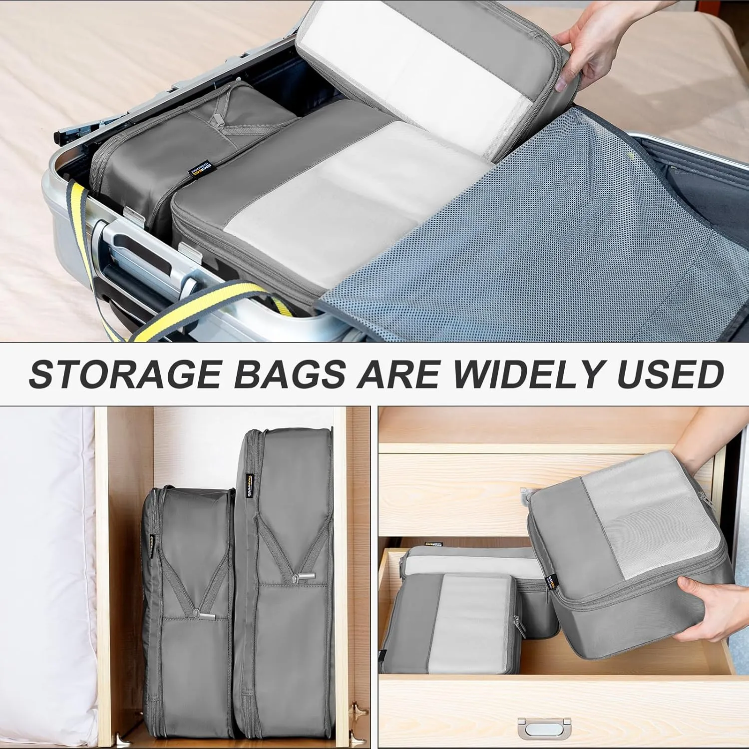 4 Set Compression Packing Cubes for Suitcases and Backpack, Space Saving Organizers, Luggage Bag for Travel Essentials (Silver)