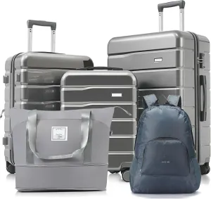 5 Piece Luggage Set with Expandable Duffel Bag & Foldable Backpack  20"/24"/28" Suitcases with 360 Spinner Wheels, TSA Lock, grey