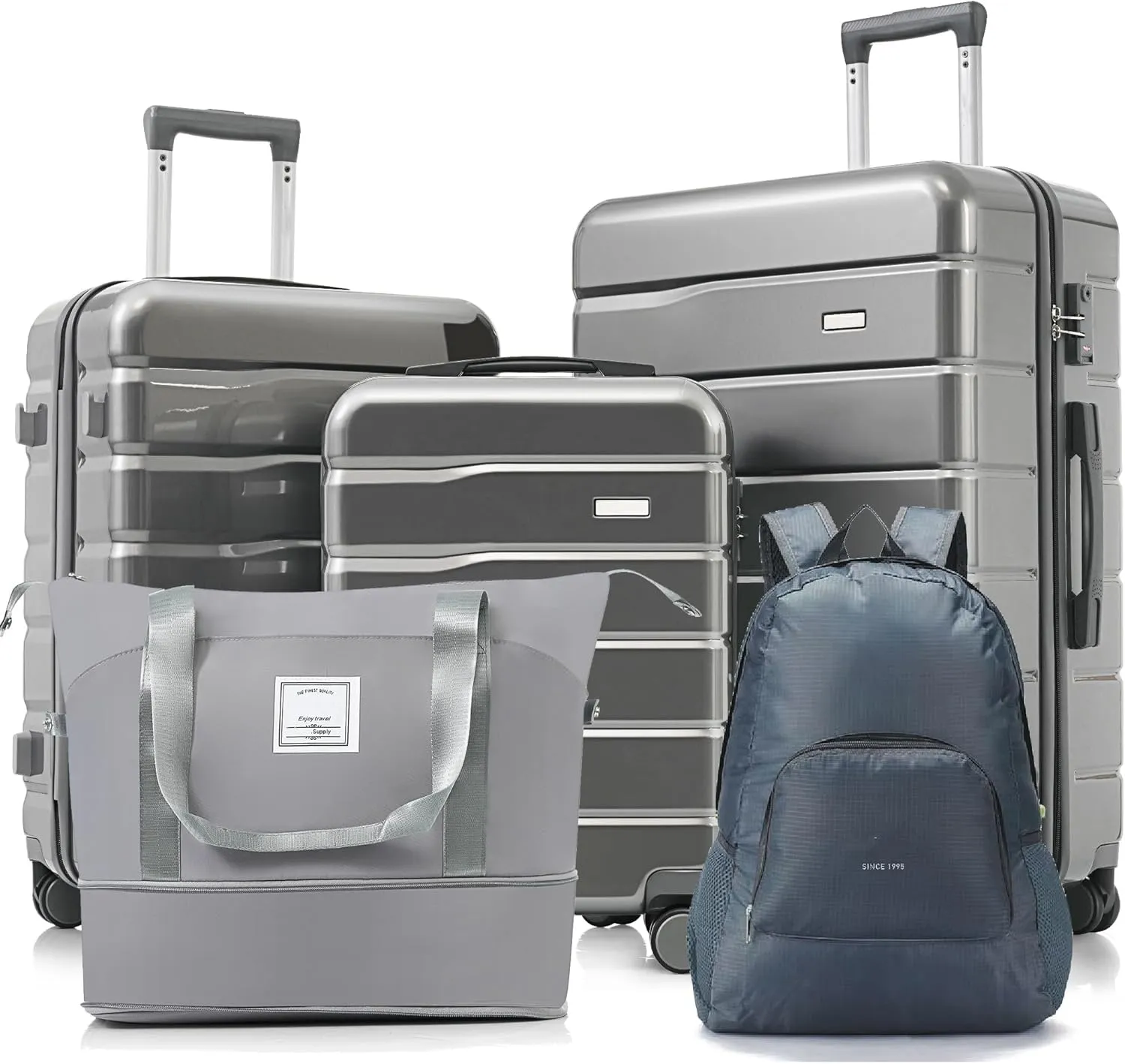 5 Piece Luggage Set with Expandable Duffel Bag & Foldable Backpack  20"/24"/28" Suitcases with 360 Spinner Wheels, TSA Lock, grey