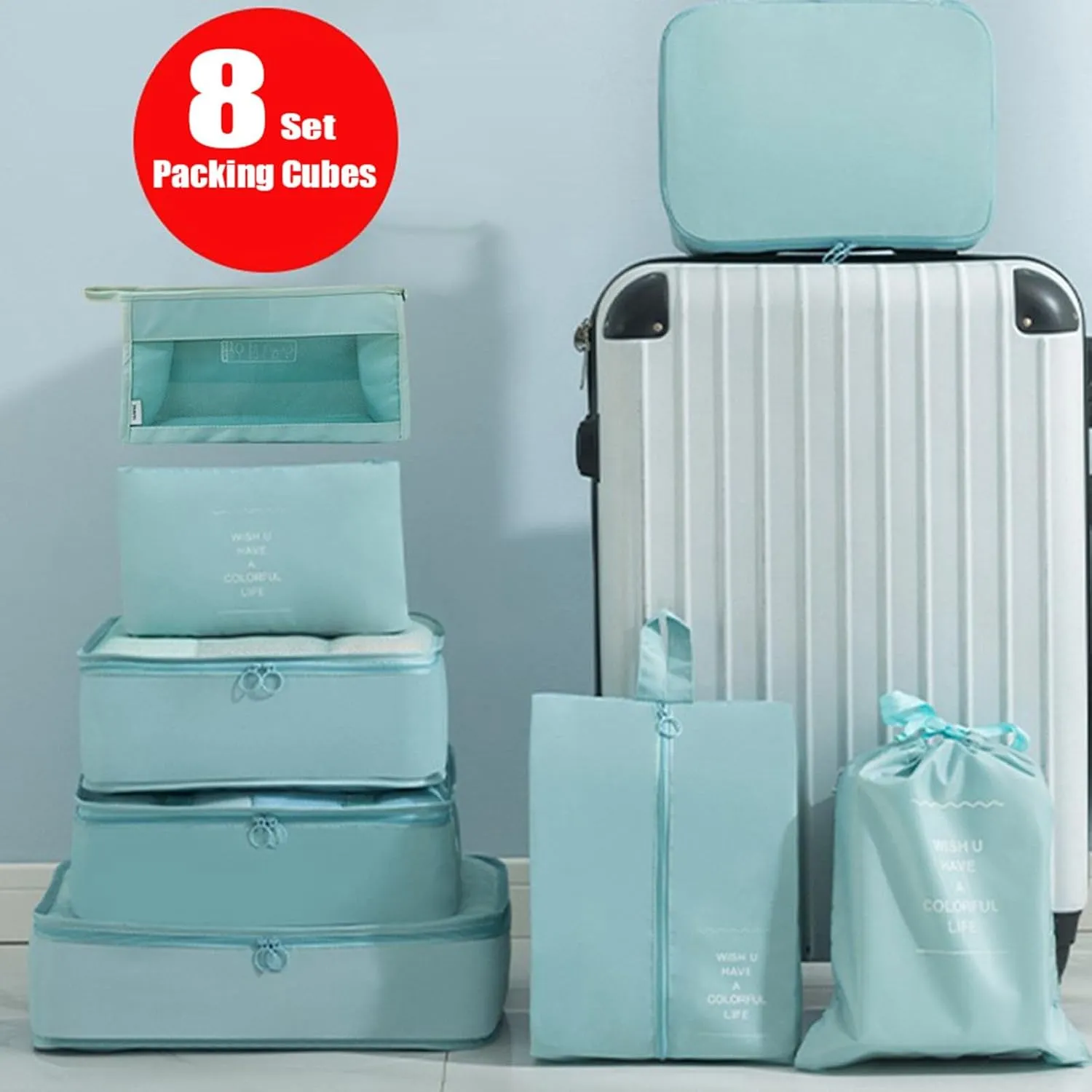 8 Set Packing Cubes with Portable Shoe Bag, Travel Underwear Storage Bag, and Makeup Bag for Suitcases Organizer Bags Set, Carry On Suitcase Luggage Organizers (Lake