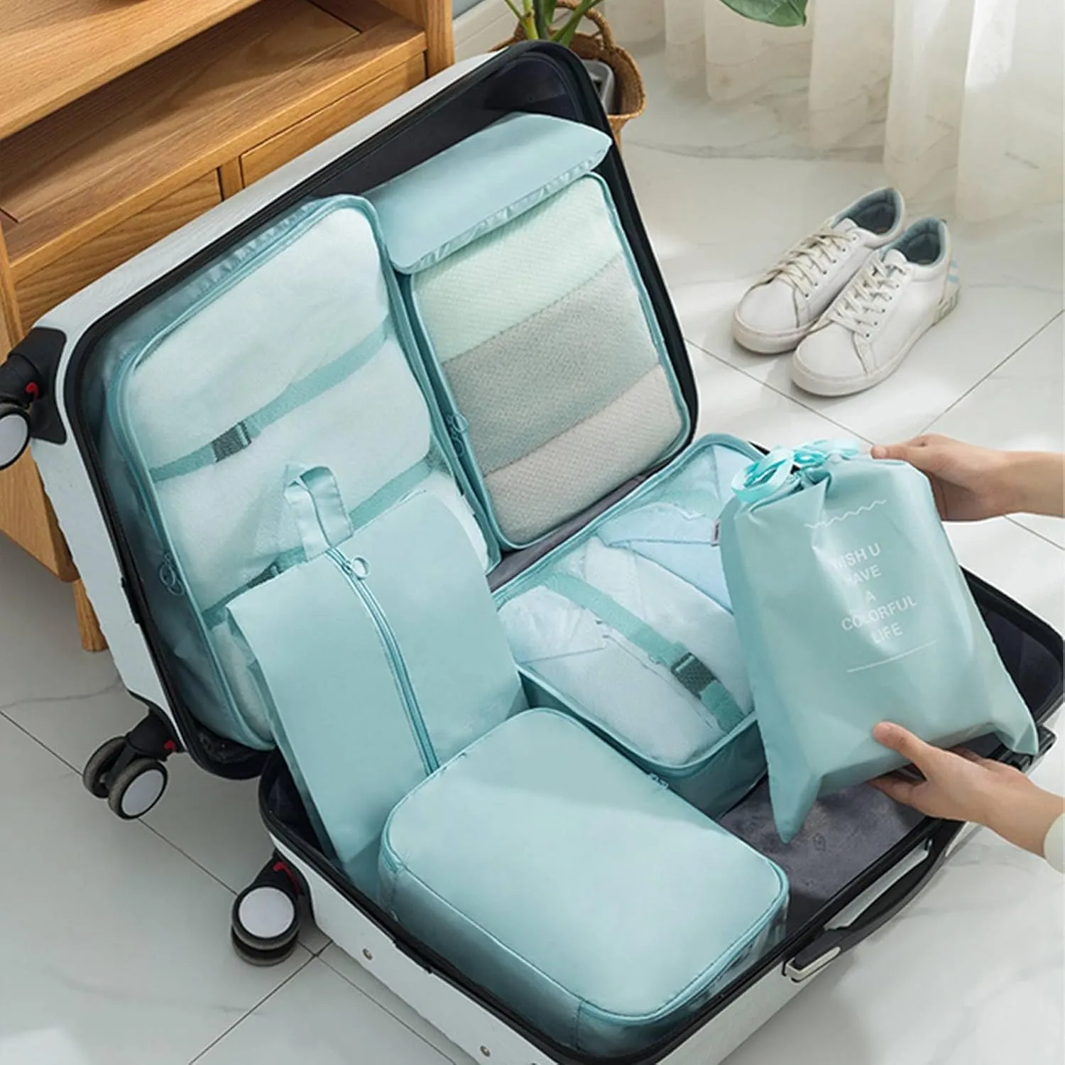 8 Set Packing Cubes with Portable Shoe Bag, Travel Underwear Storage Bag, and Makeup Bag for Suitcases Organizer Bags Set, Carry On Suitcase Luggage Organizers (Lake