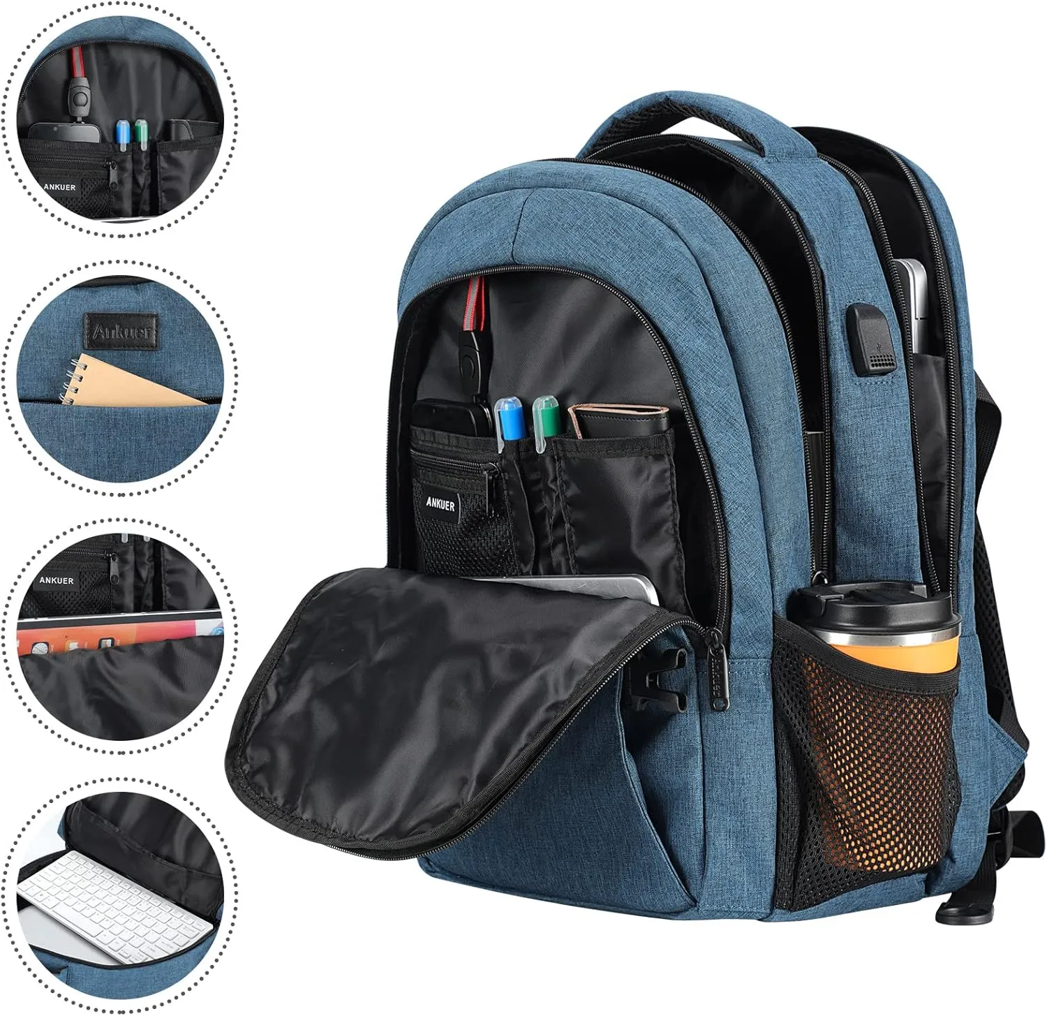 ANKUER Backpacks for Men, Backpack Fits Up 15.6 in Laptop Backpack for Travel, Backpacks with USB Charging Port, Work Business Backpack for School (Blue)
