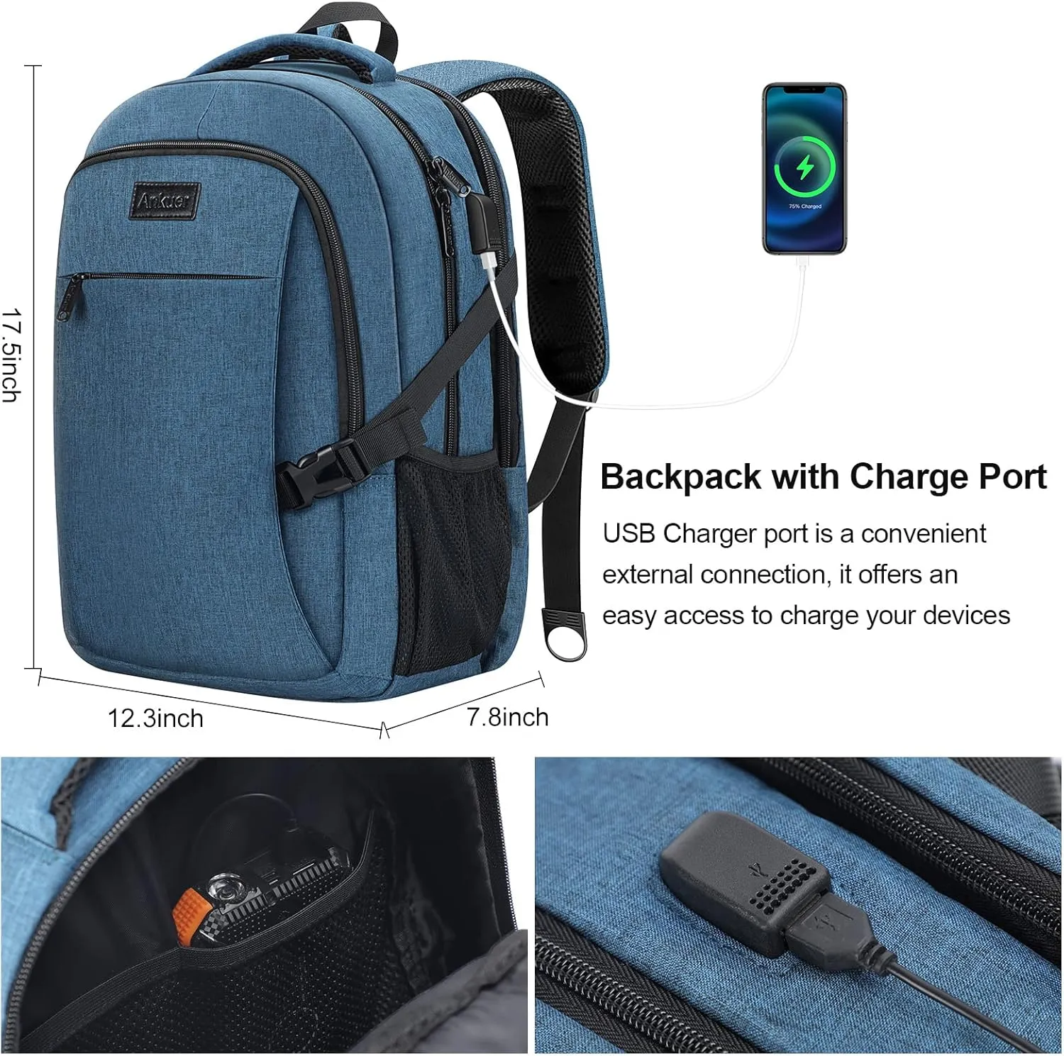 ANKUER Backpacks for Men, Backpack Fits Up 15.6 in Laptop Backpack for Travel, Backpacks with USB Charging Port, Work Business Backpack for School (Blue)