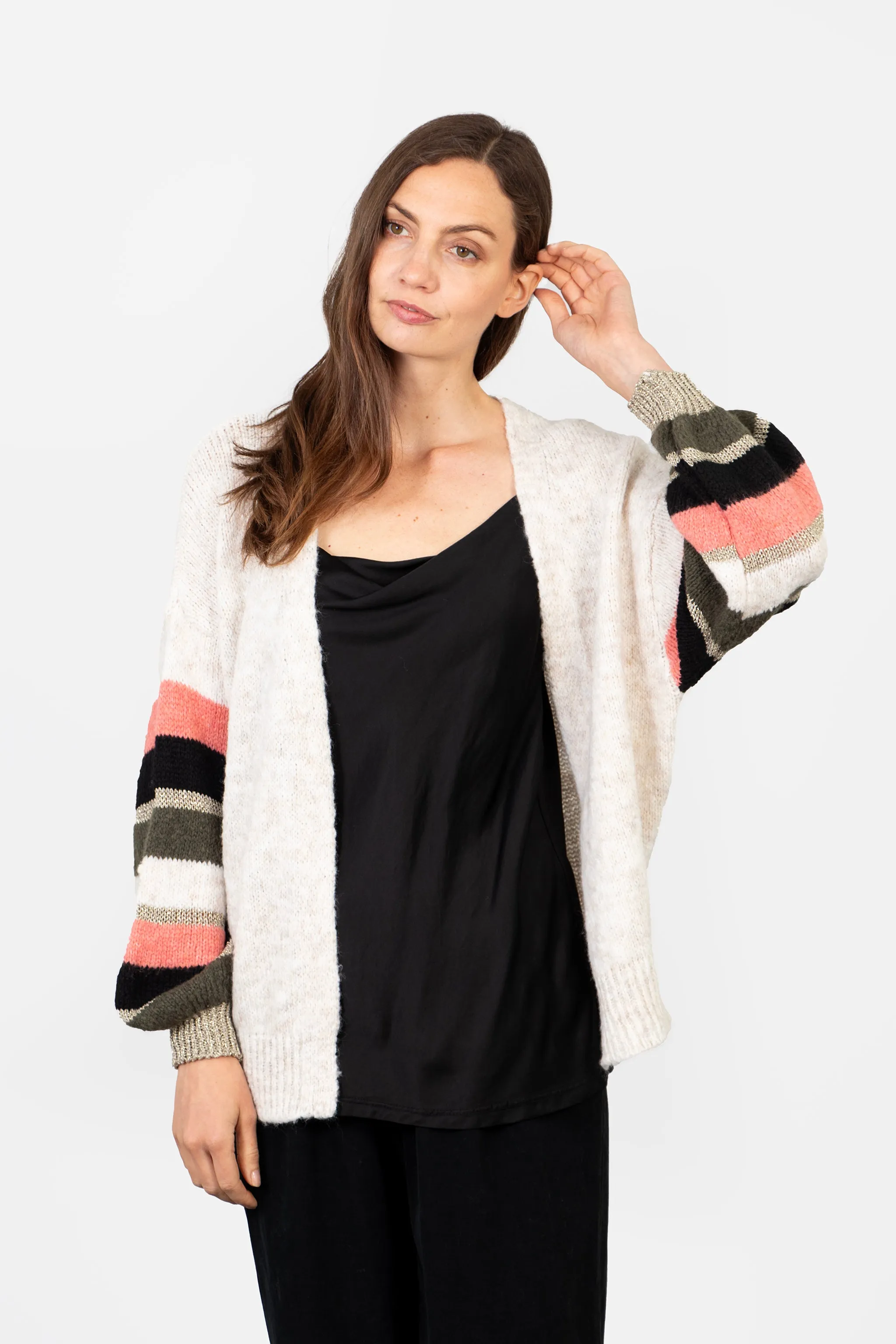 April Balloon Sleeve Cardigan - Cream/Khaki, Colourblock