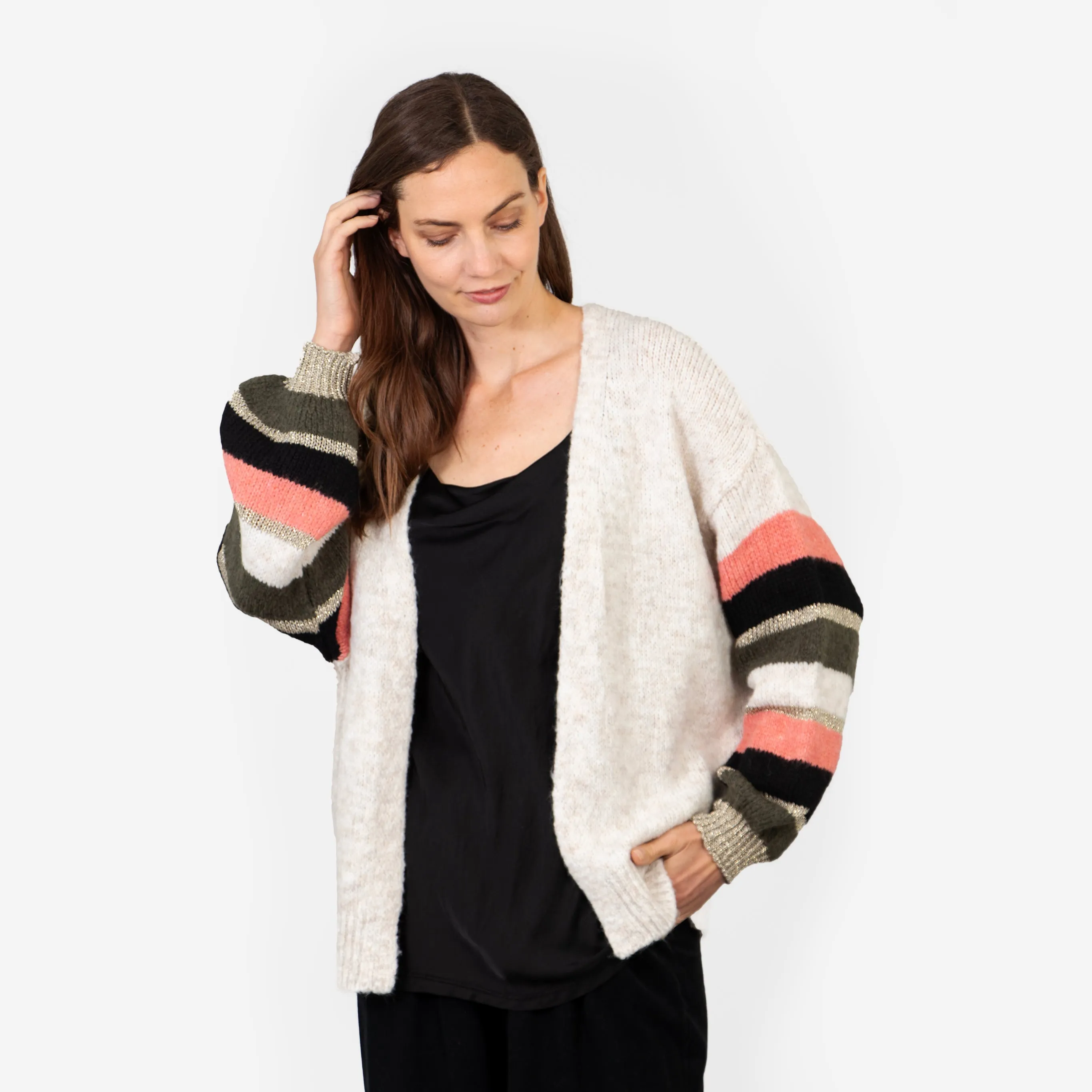 April Balloon Sleeve Cardigan - Cream/Khaki, Colourblock