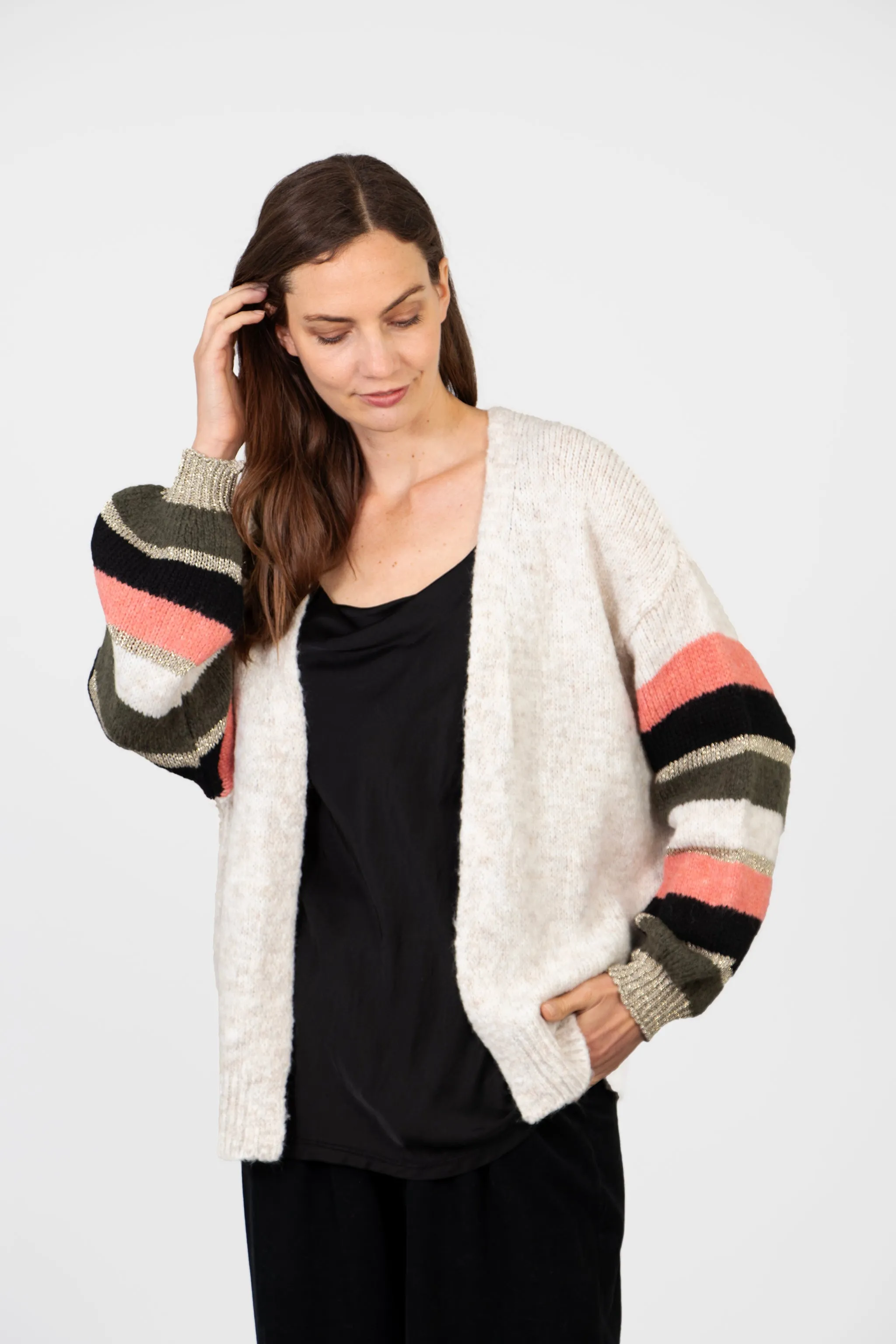 April Balloon Sleeve Cardigan - Cream/Khaki, Colourblock