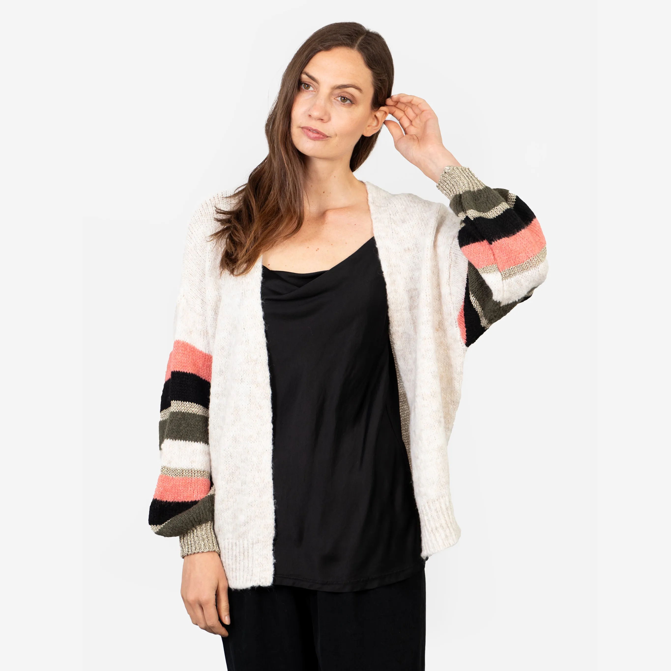 April Balloon Sleeve Cardigan - Cream/Khaki, Colourblock