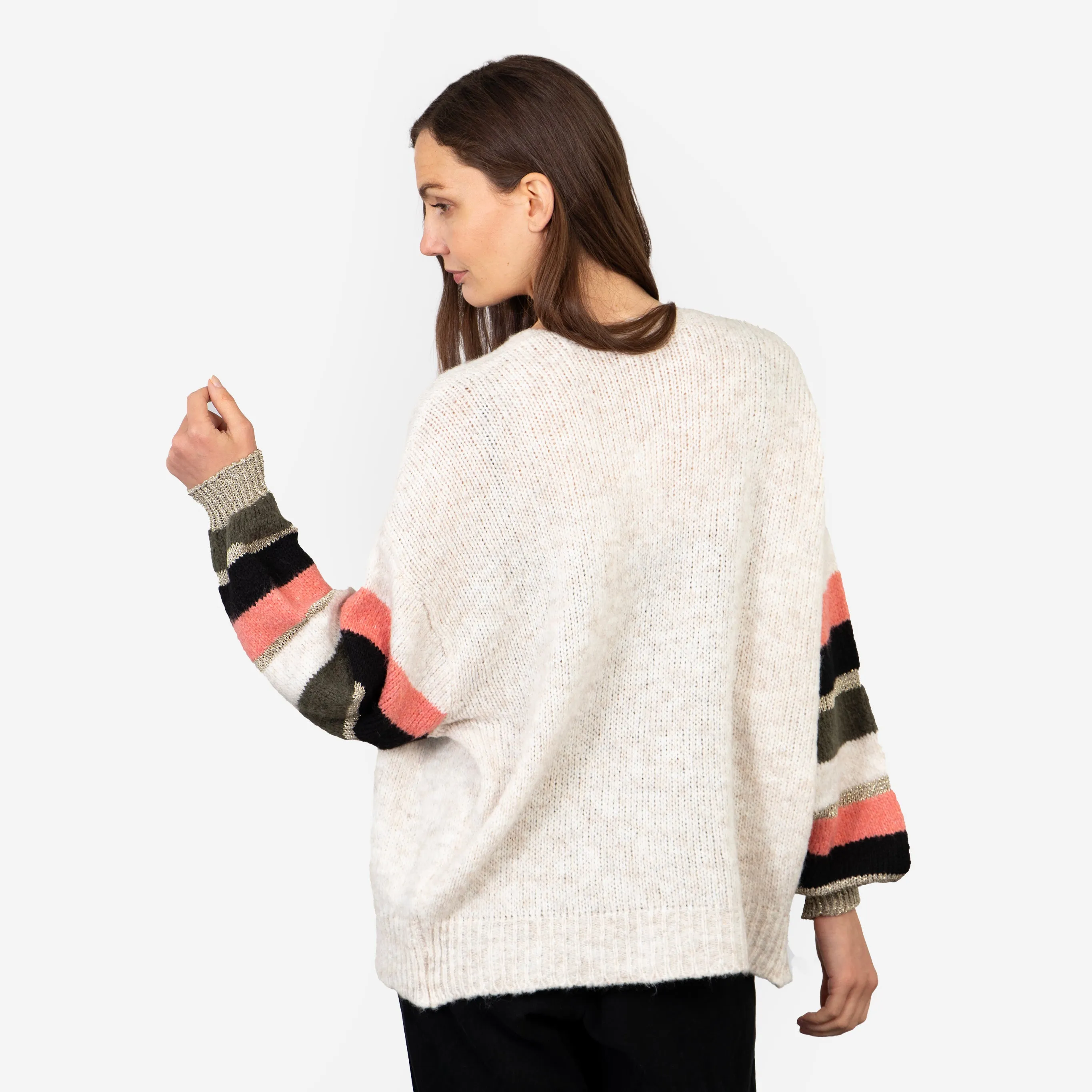April Balloon Sleeve Cardigan - Cream/Khaki, Colourblock