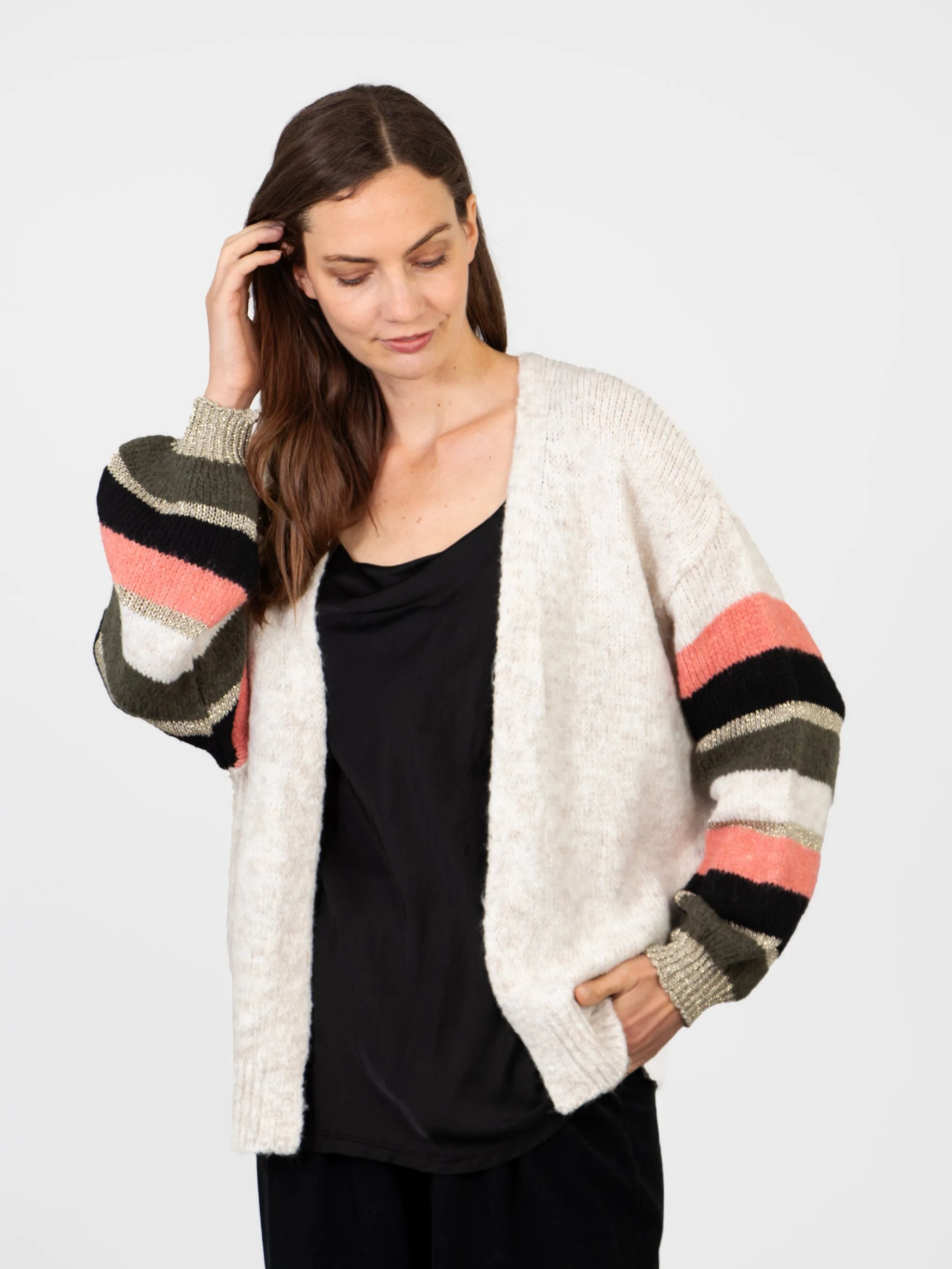 April Balloon Sleeve Cardigan - Cream/Khaki, Colourblock