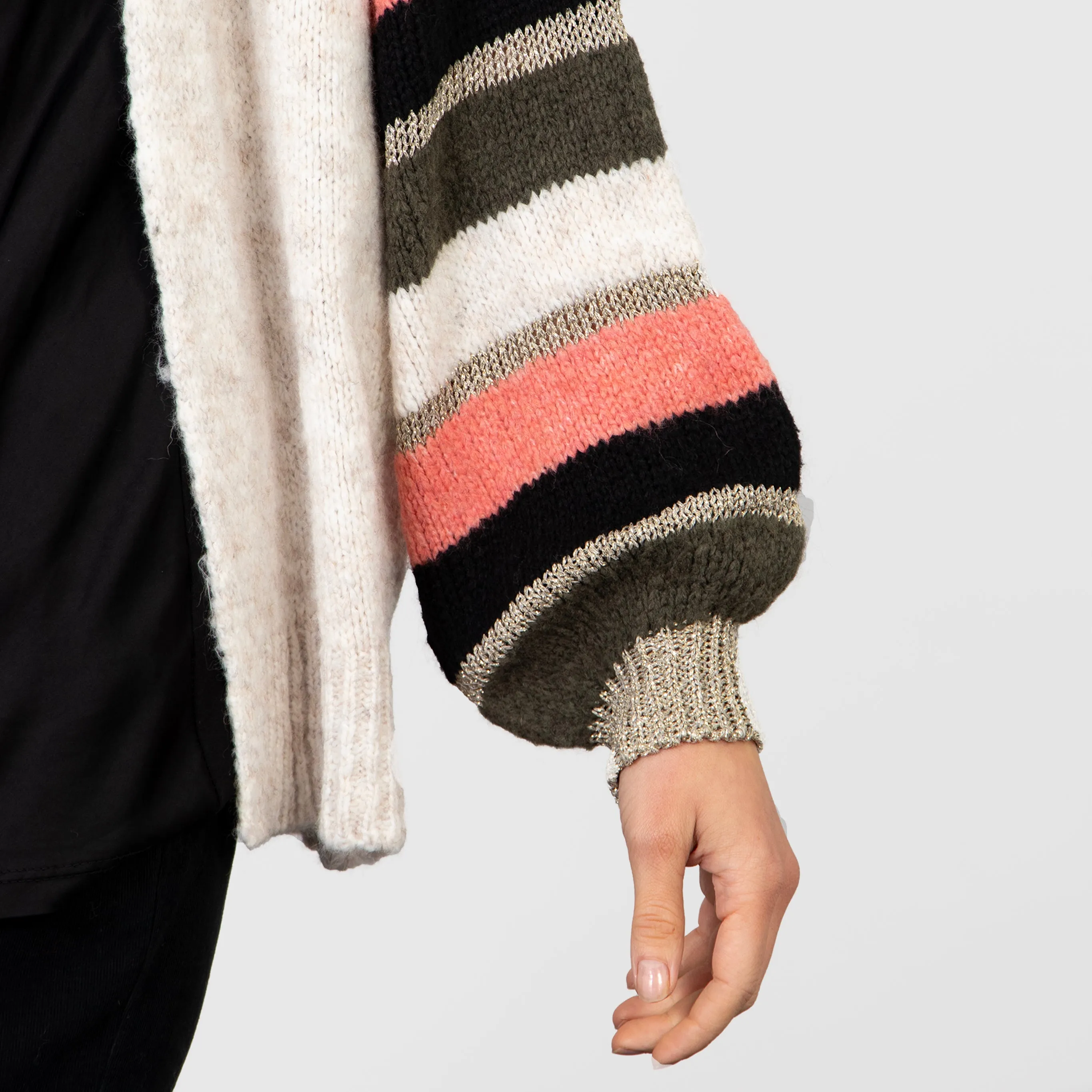 April Balloon Sleeve Cardigan - Cream/Khaki, Colourblock