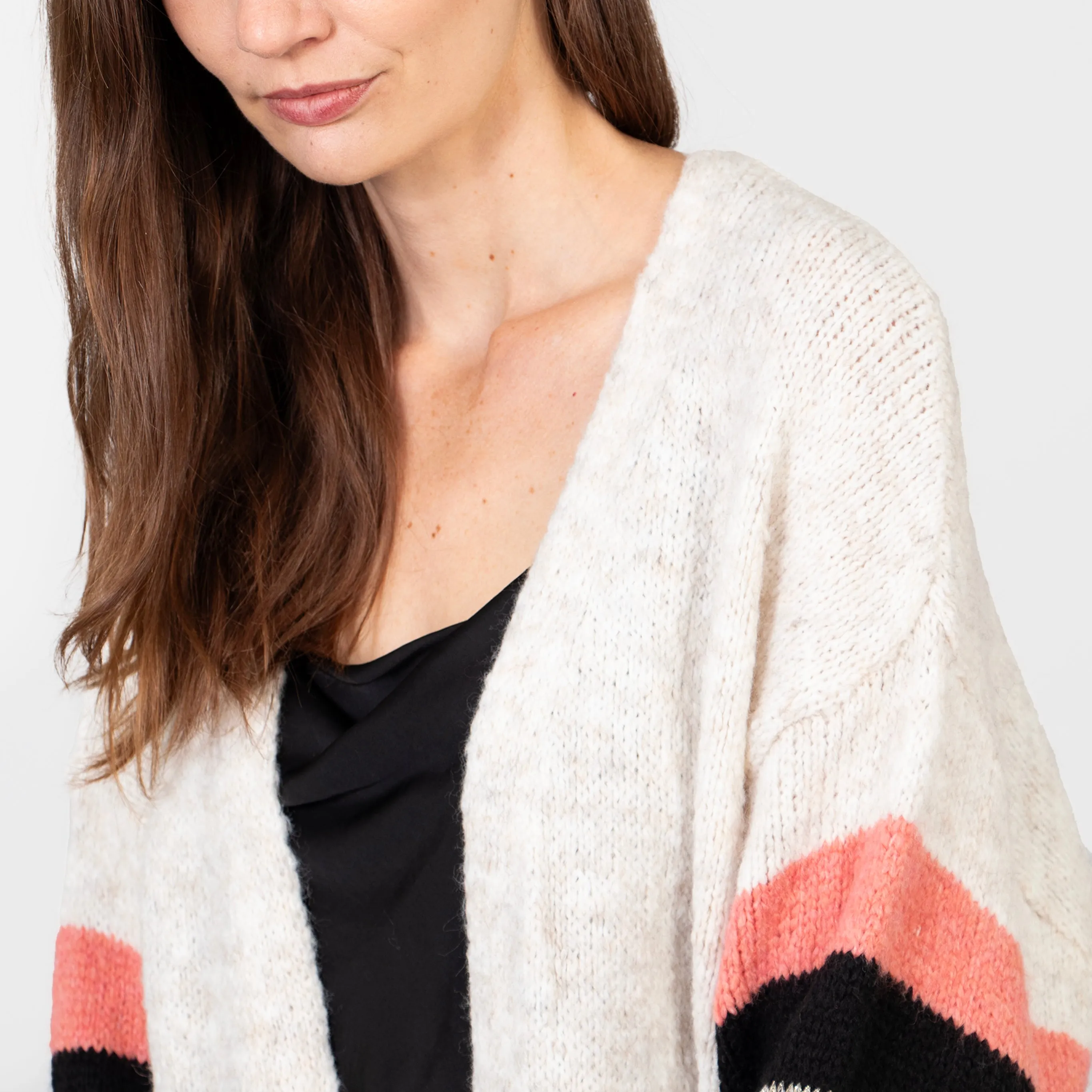 April Balloon Sleeve Cardigan - Cream/Khaki, Colourblock