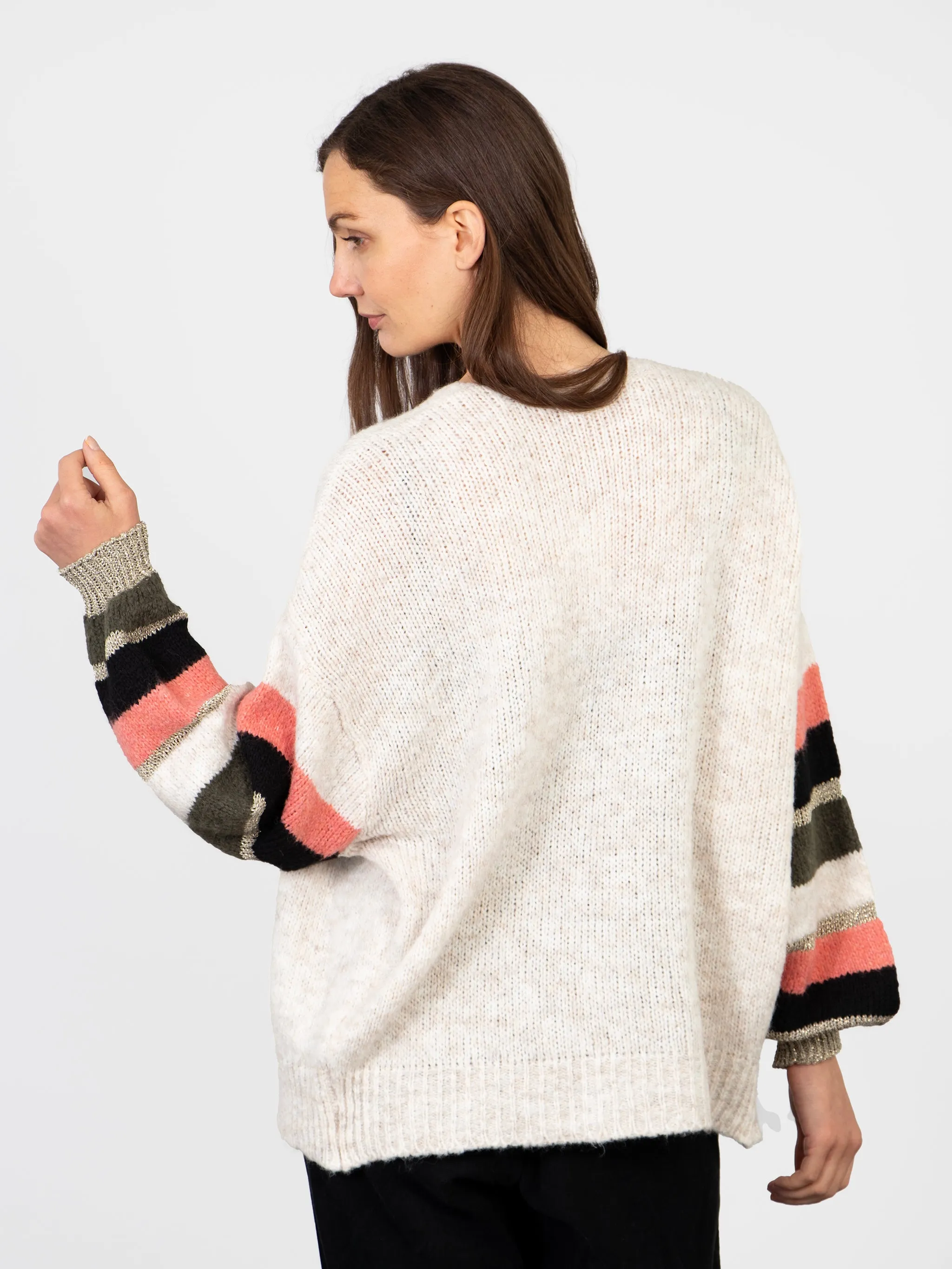 April Balloon Sleeve Cardigan - Cream/Khaki, Colourblock