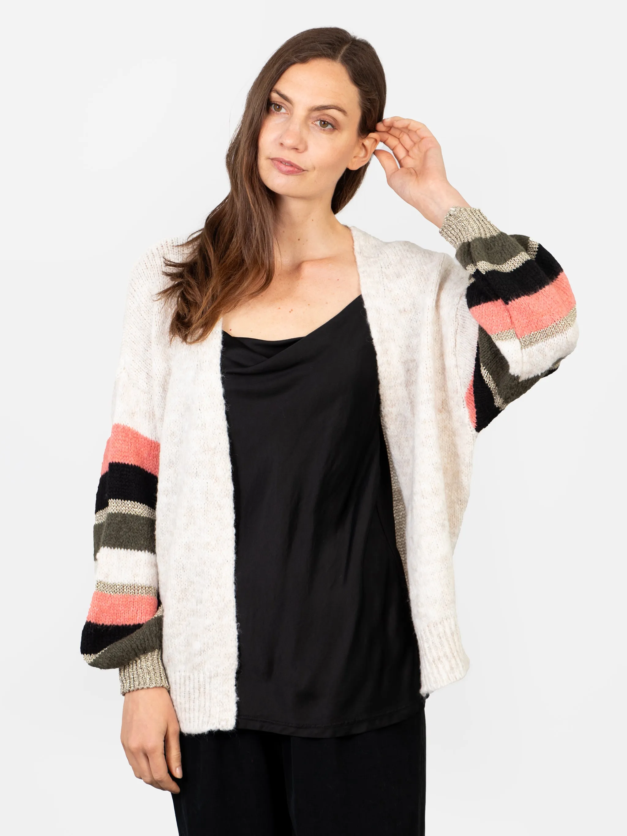 April Balloon Sleeve Cardigan - Cream/Khaki, Colourblock